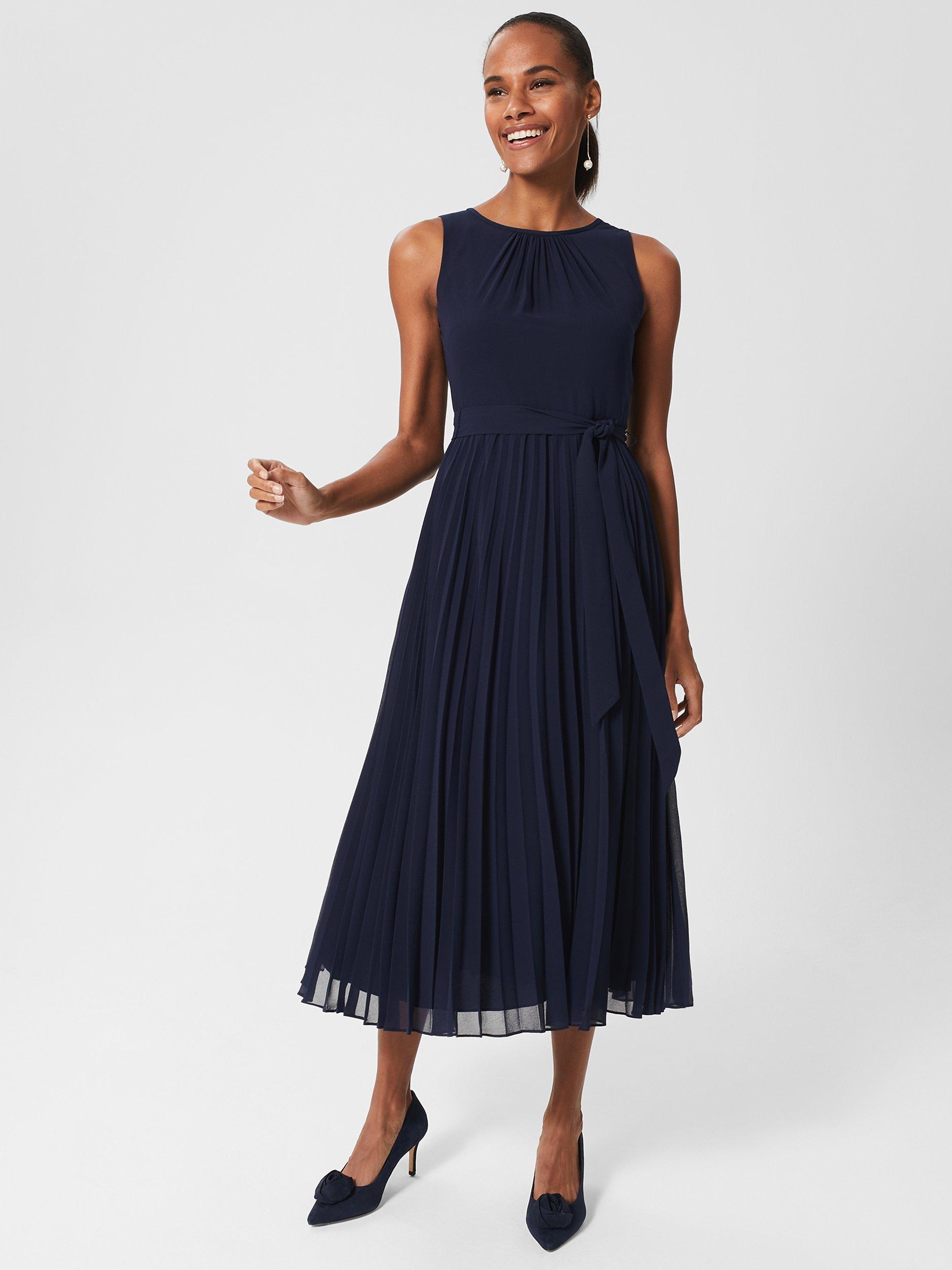 Hobbs Petite Blythe Pleated Midi Dress, Midnight Navy, 22