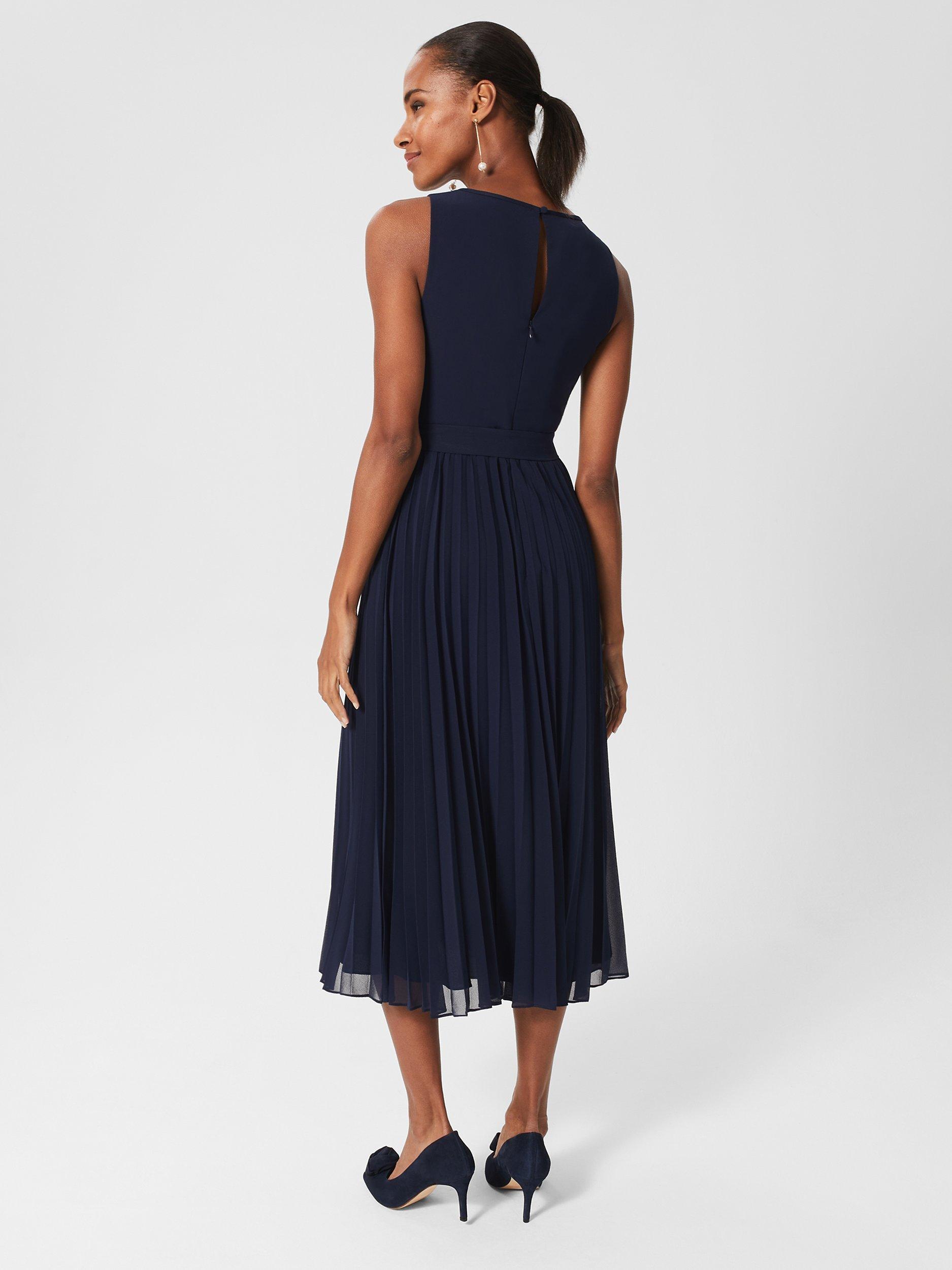 Hobbs Petite Blythe Pleated Midi Dress, Midnight Navy, 22