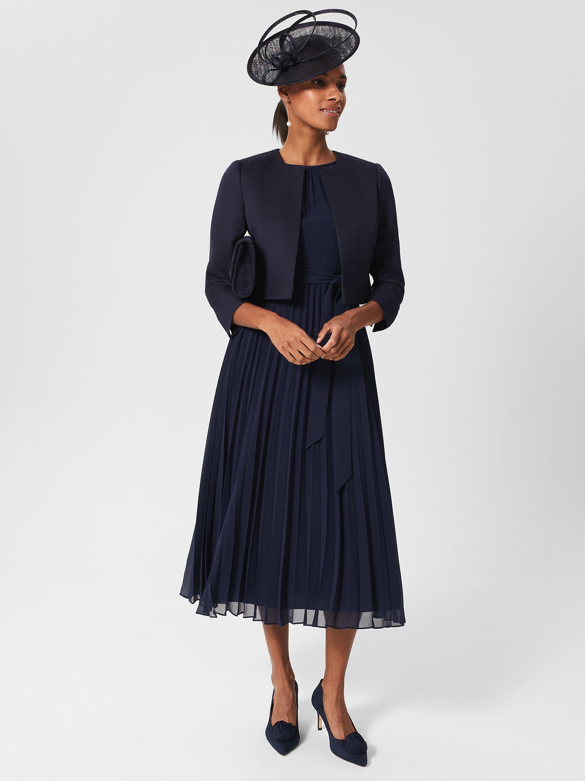 Hobbs Petite Blythe Pleated Midi Dress, Midnight Navy, 22