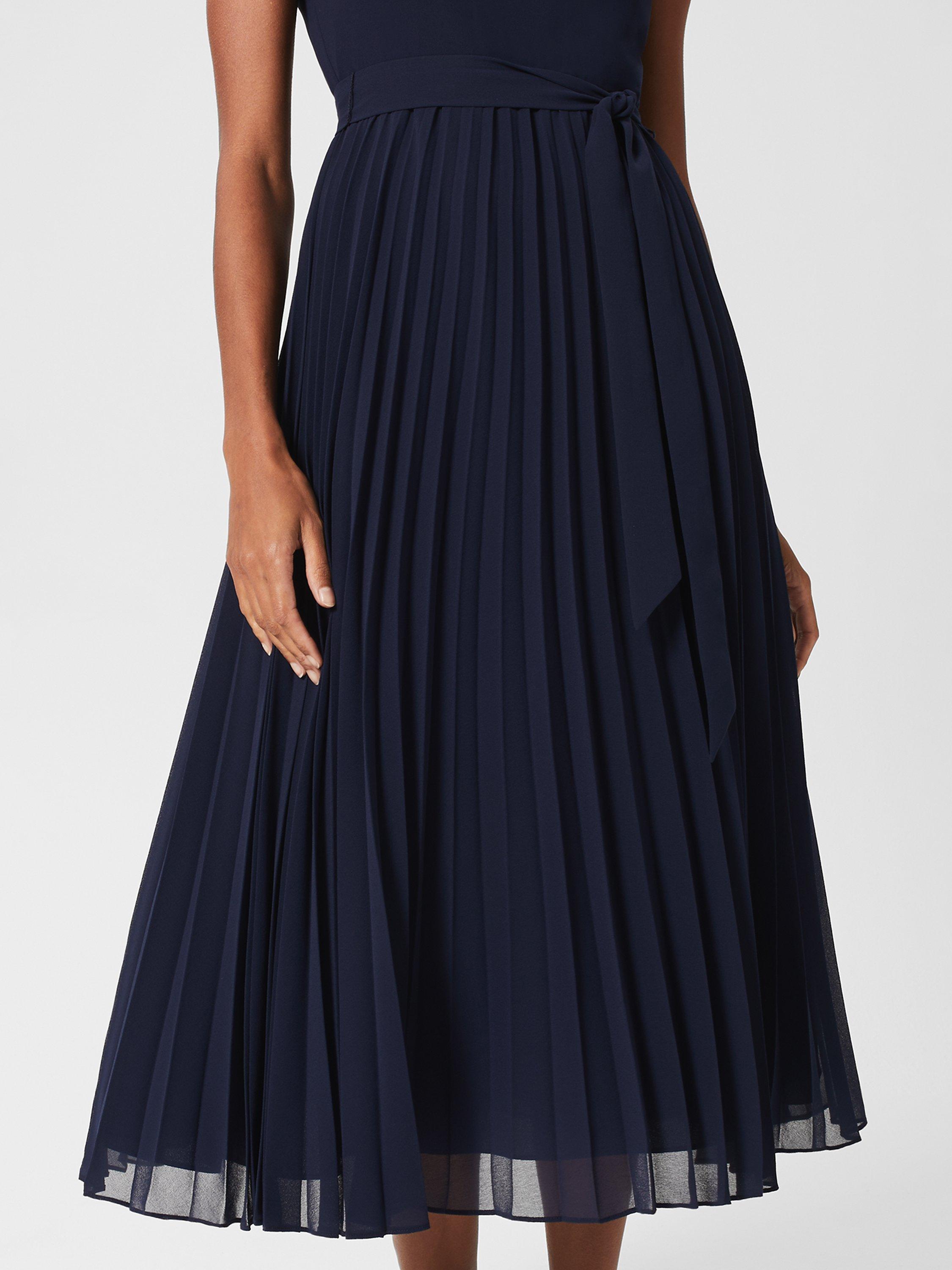 Hobbs Petite Blythe Pleated Midi Dress, Midnight Navy, 22