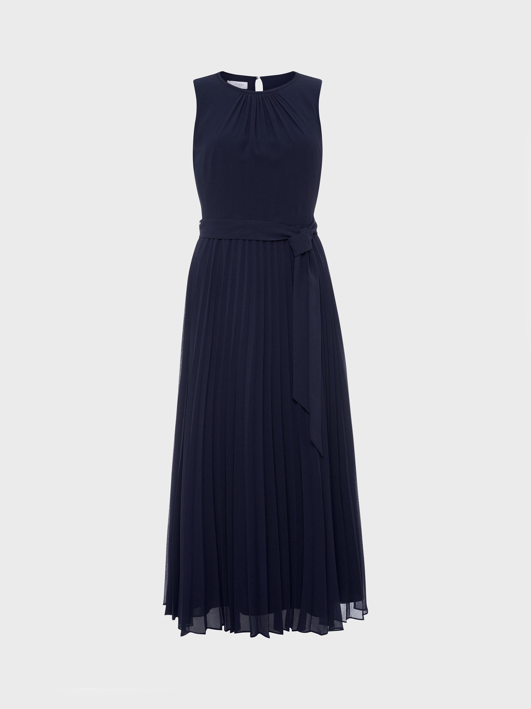 Hobbs Petite Blythe Pleated Midi Dress, Midnight Navy, 22