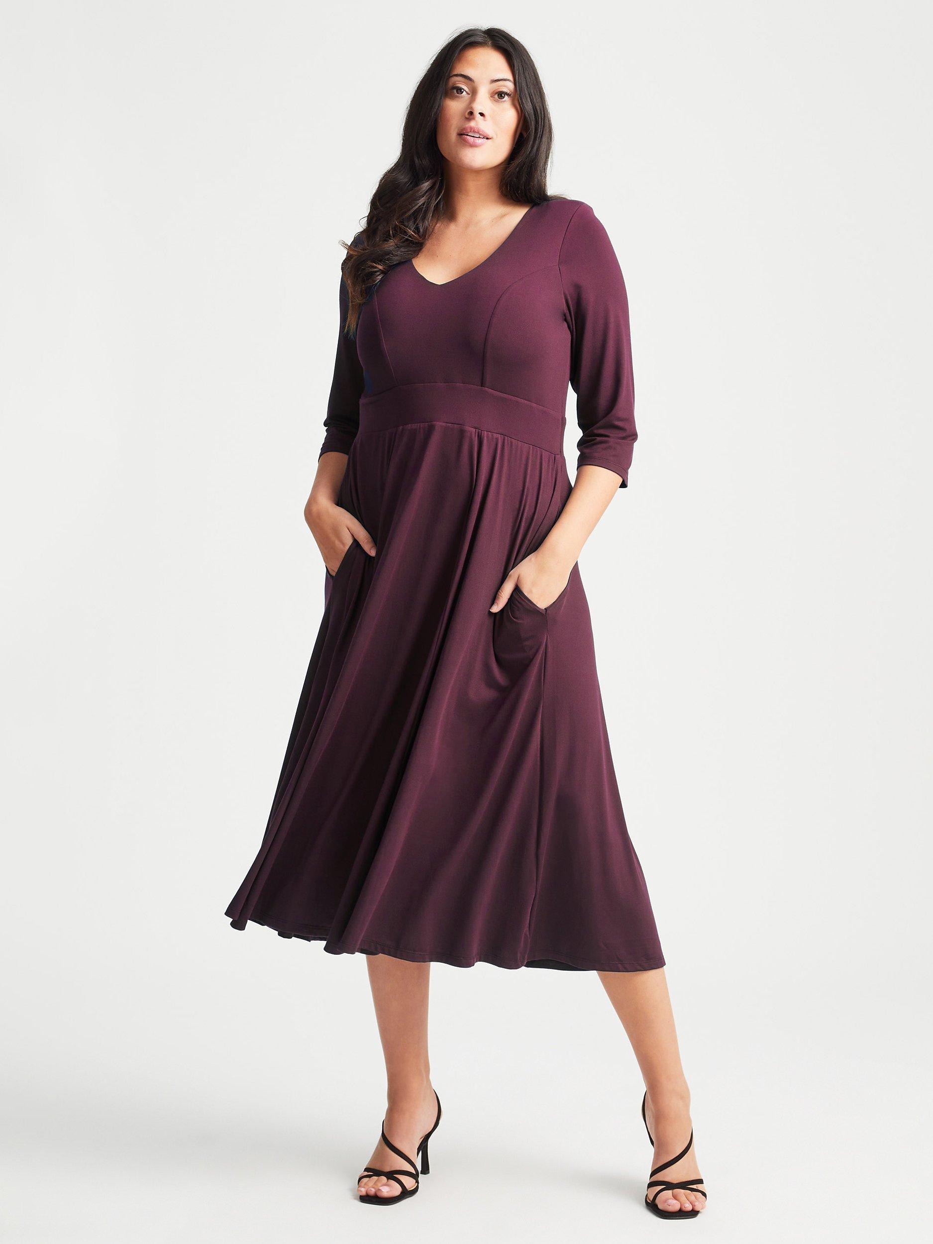 Scarlett & Jo V Neck Fit and Flare Mid Dress, Wine