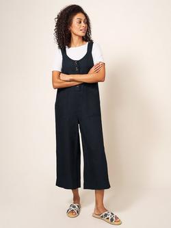 White Stuff Viola Linen Cropped Dungarees, Pure Black