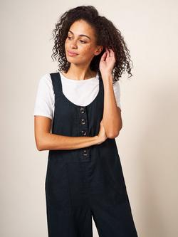 White Stuff Viola Linen Cropped Dungarees - view 2, Pure Black