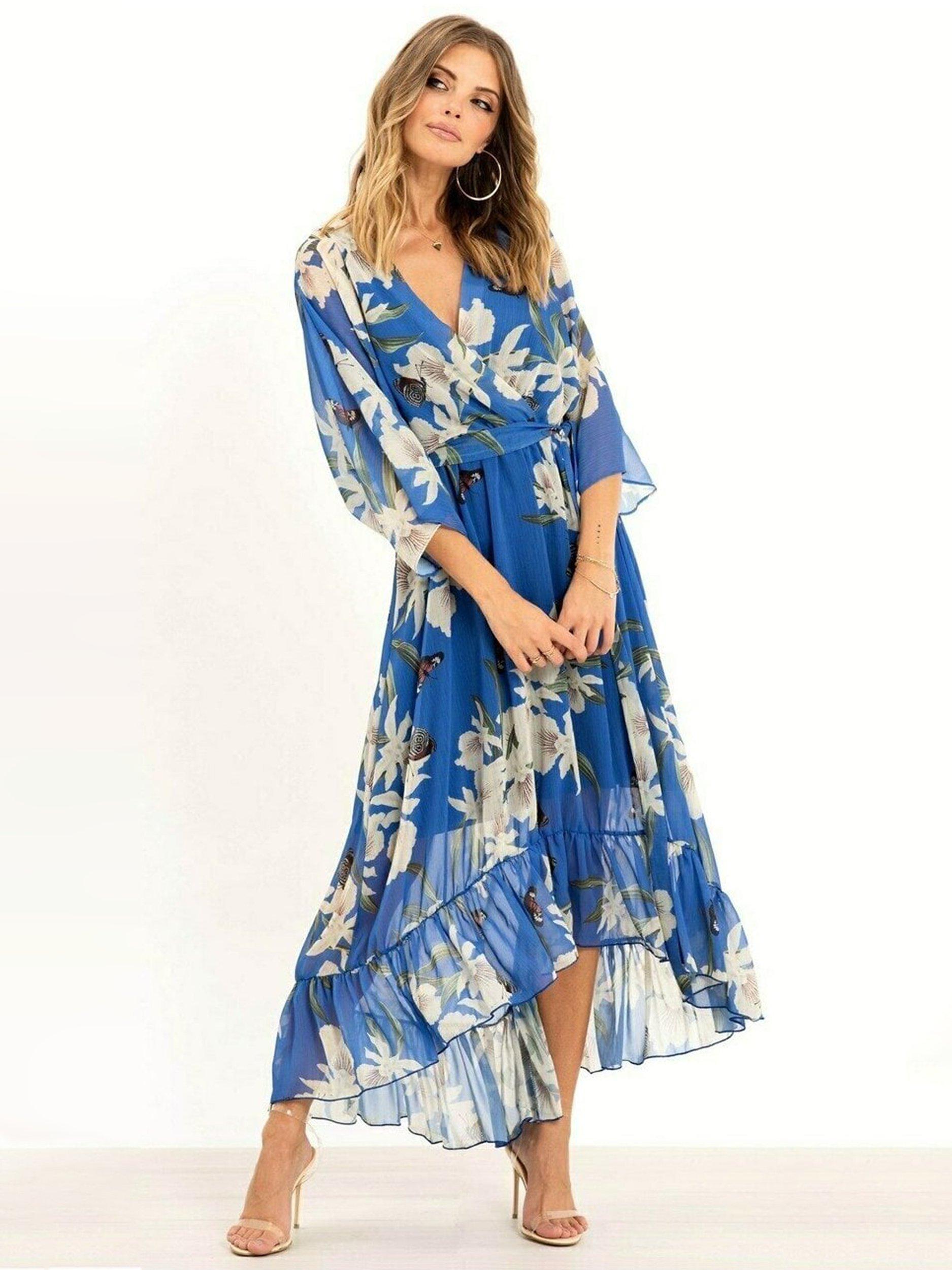 Yumi Floral Kimono Sleeves Dip Hem Wrap Midi Dress, Blue/Multi