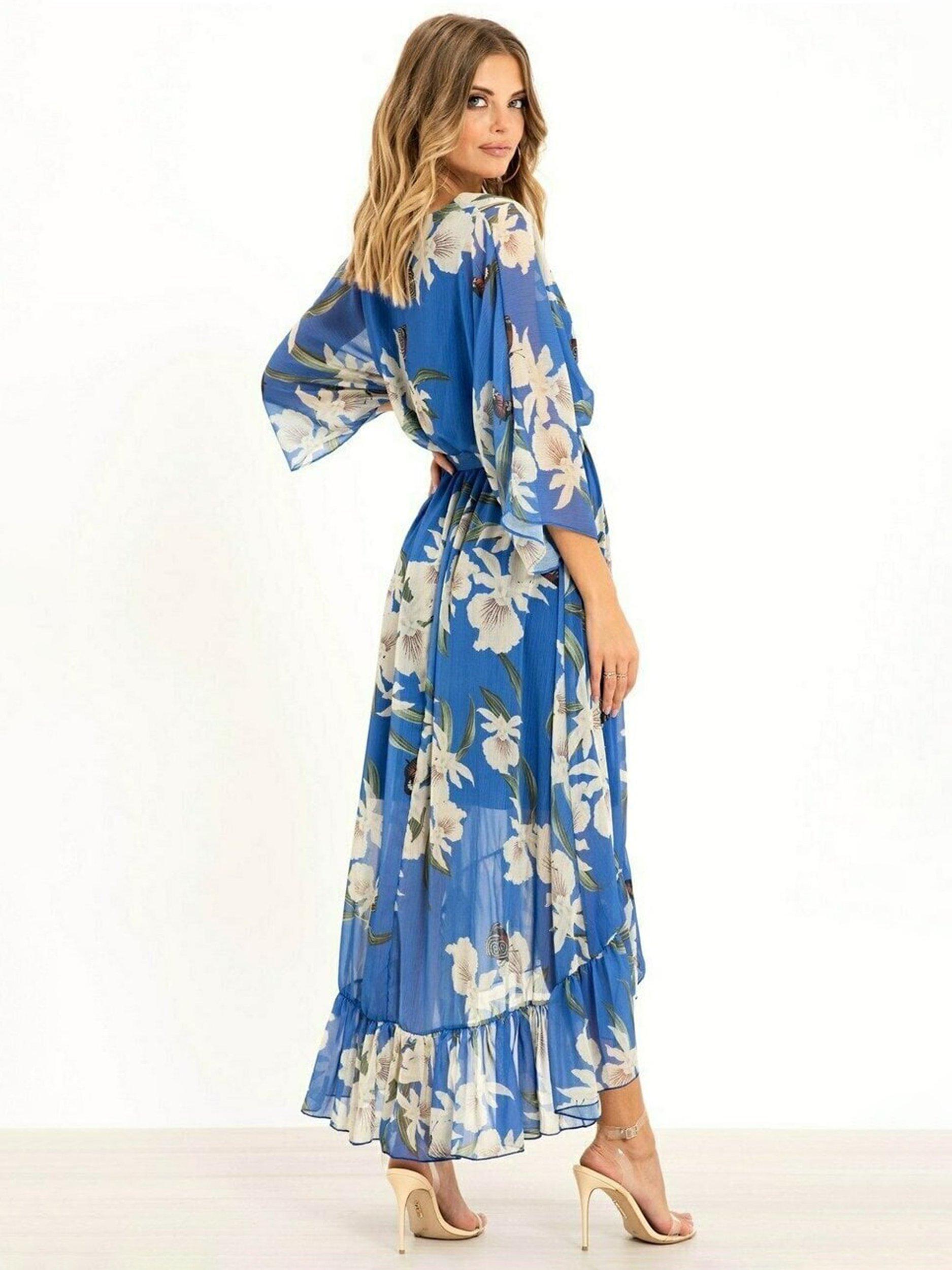Product image 2 of 4, which shows Yumi Floral Kimono Sleeves Dip Hem Wrap Midi Dress, Blue/Multi, 8