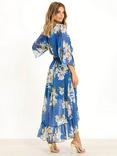 Yumi Floral Kimono Sleeves Dip Hem Wrap Midi Dress, Blue/Multi