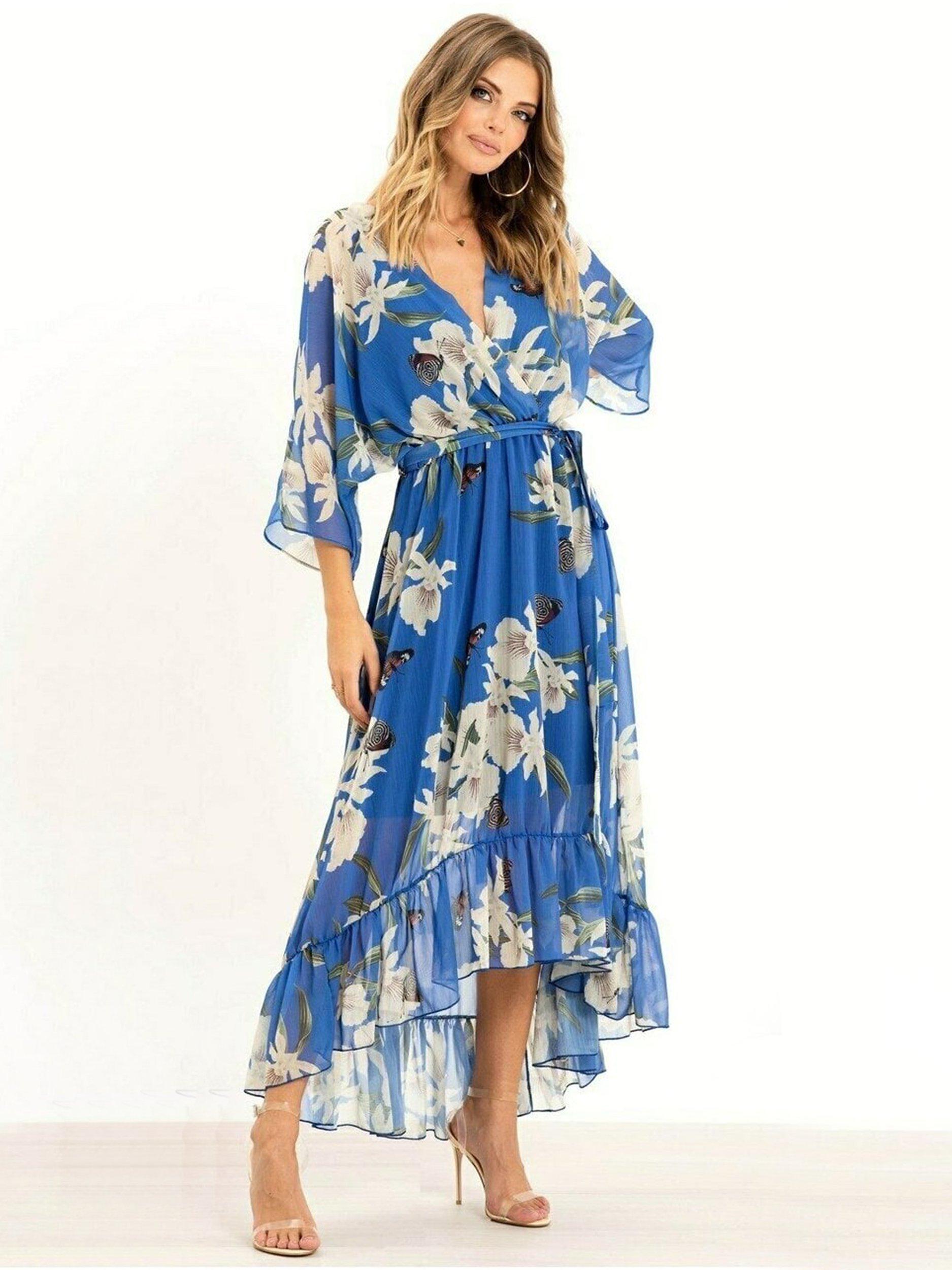 Product image 3 of 4, which shows Yumi Floral Kimono Sleeves Dip Hem Wrap Midi Dress, Blue/Multi, 8