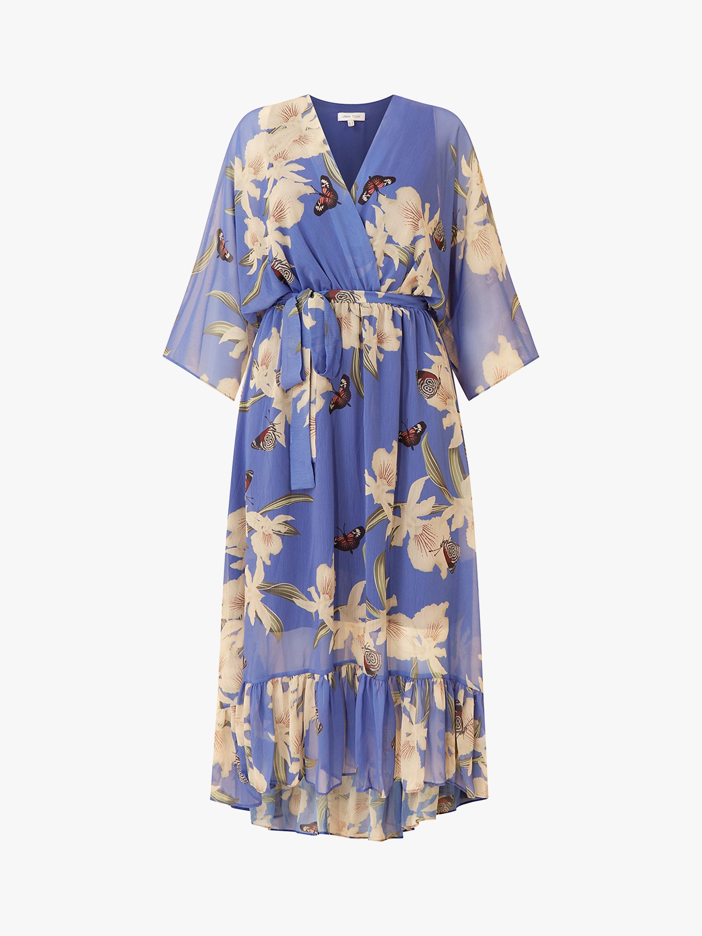 Yumi Floral Kimono Sleeves Dip Hem Wrap Midi Dress, Blue/Multi