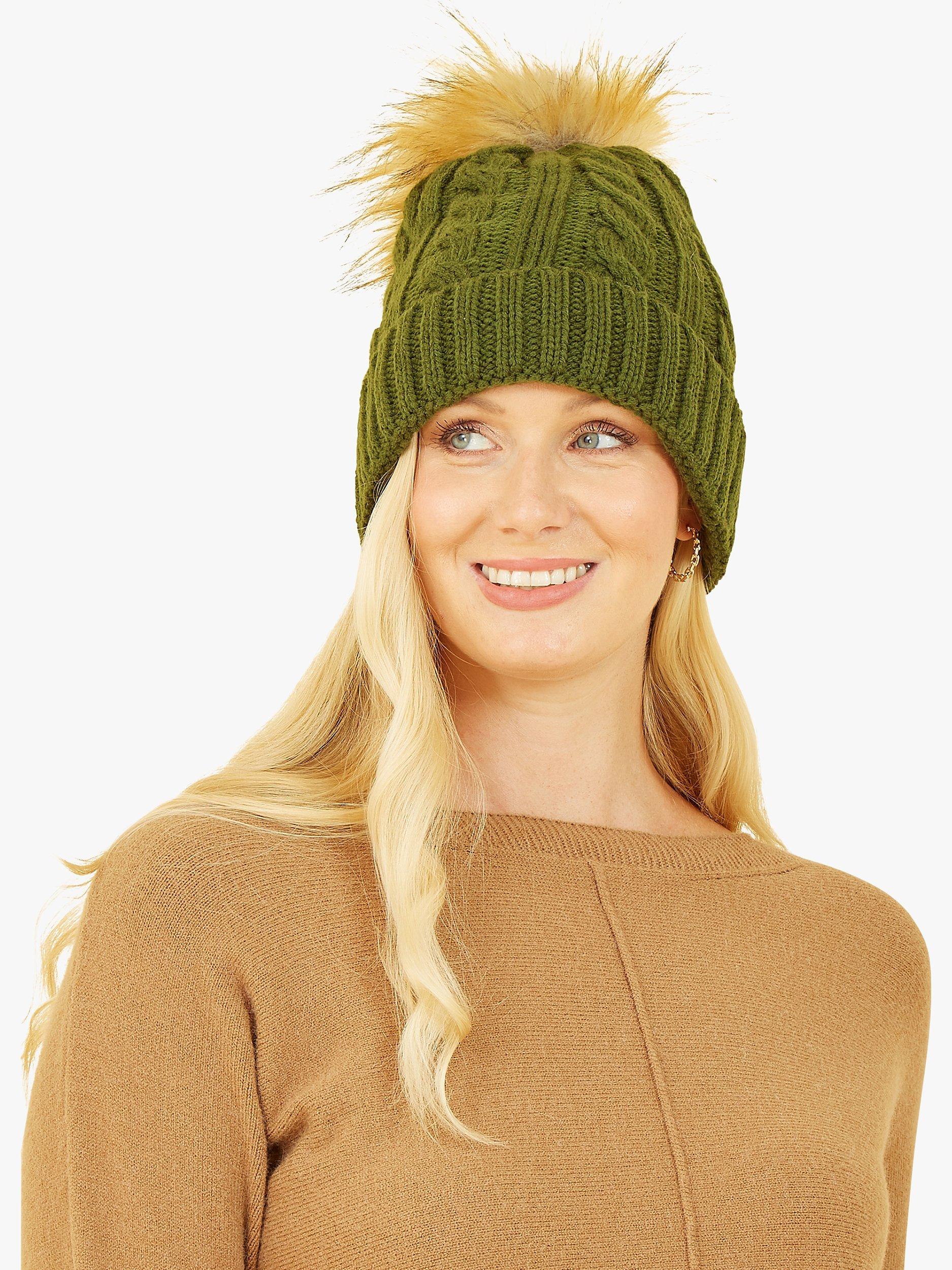 Product image 1 of 2, which shows Yumi Cable Knit Pom Pom Hat, Khaki, One Size