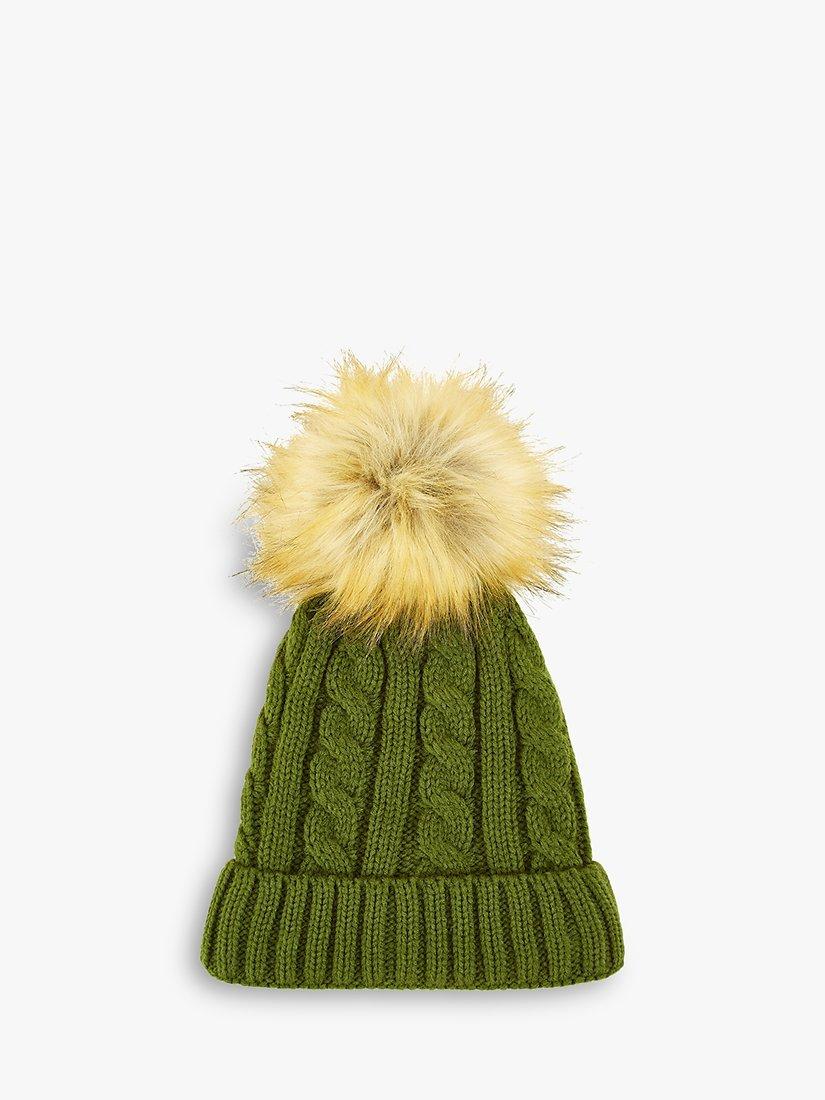 Product image 2 of 2, which shows Yumi Cable Knit Pom Pom Hat, Khaki, One Size