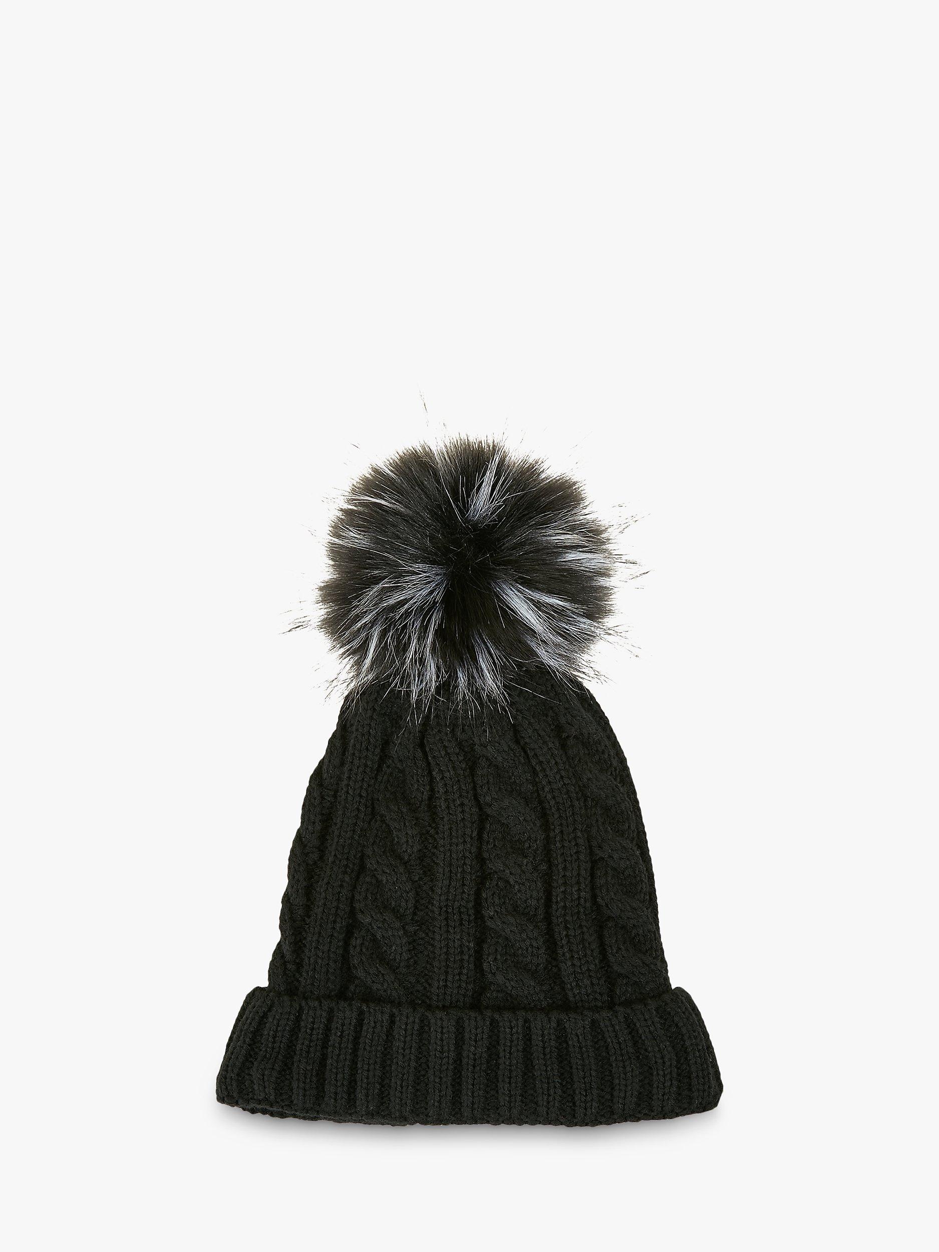 Yumi Cable Knit Pom Pom Hat, Black, One Size