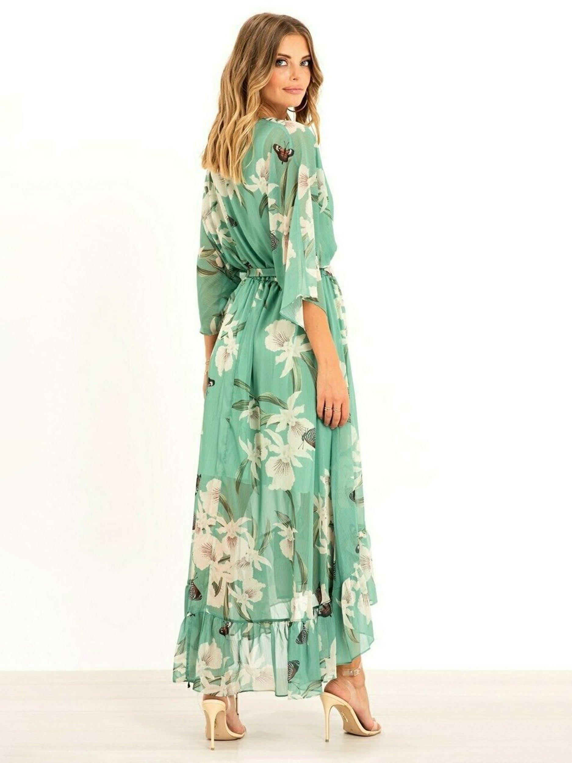 Product image 2 of 4, which shows Yumi Floral Kimono Sleeves Dip Hem Wrap Midi Dress, Mint, 8