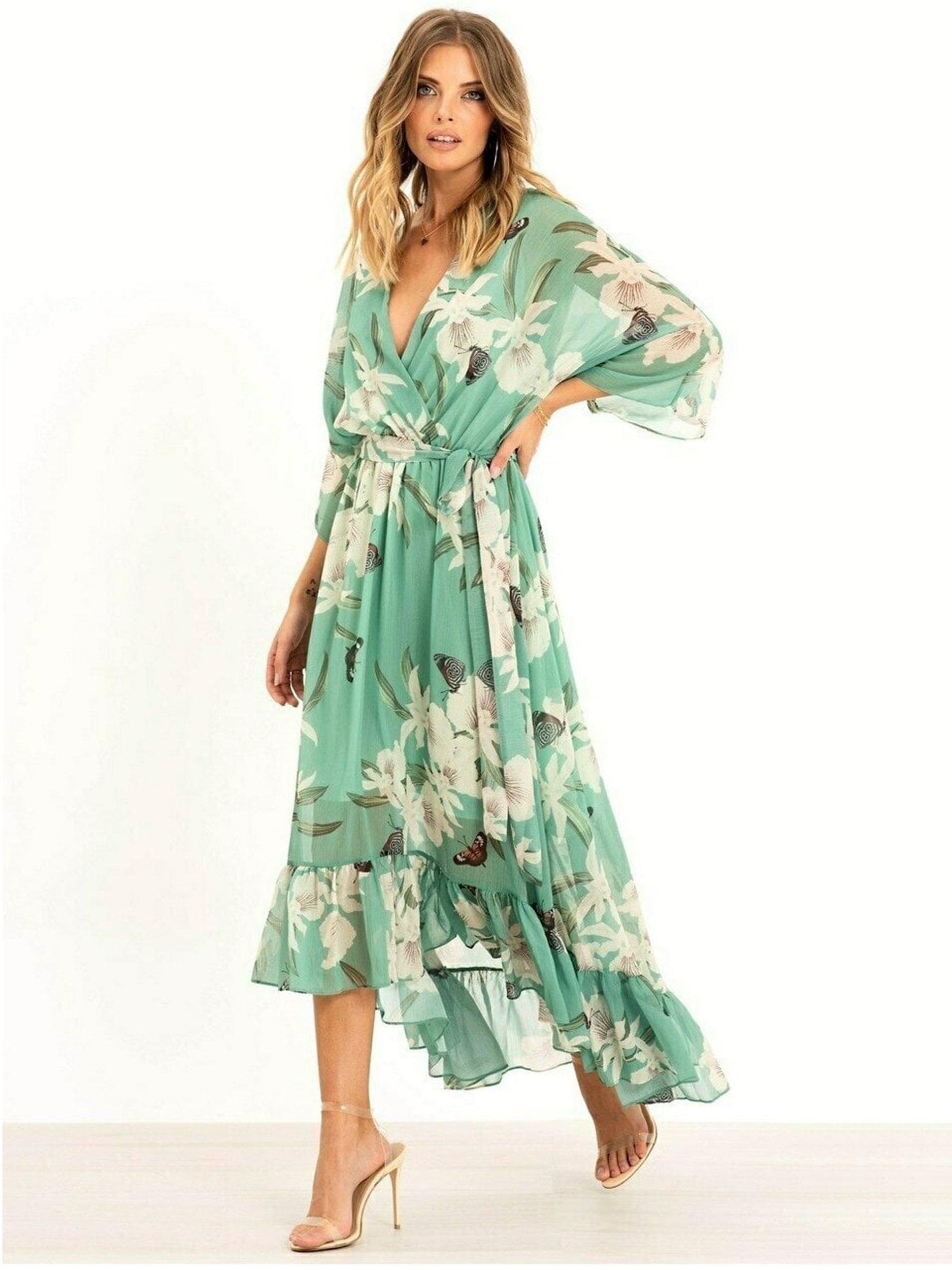 Yumi Floral Kimono Sleeves Dip Hem Wrap Midi Dress, Mint, 8