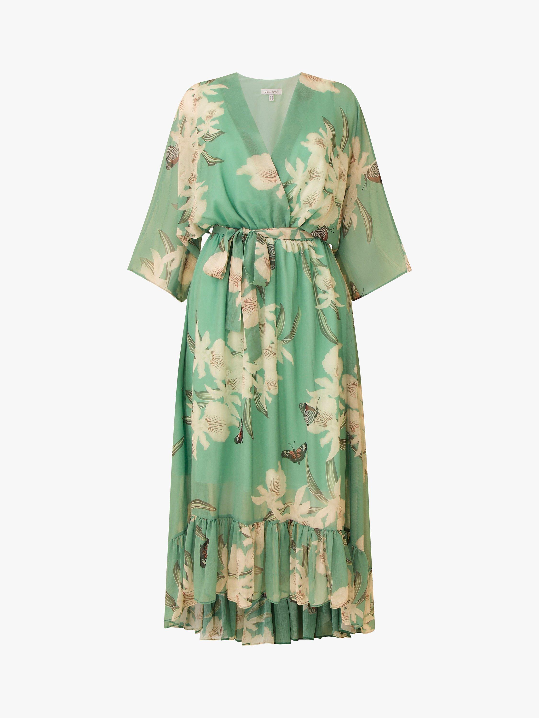 Product image 4 of 4, which shows Yumi Floral Kimono Sleeves Dip Hem Wrap Midi Dress, Mint, 8