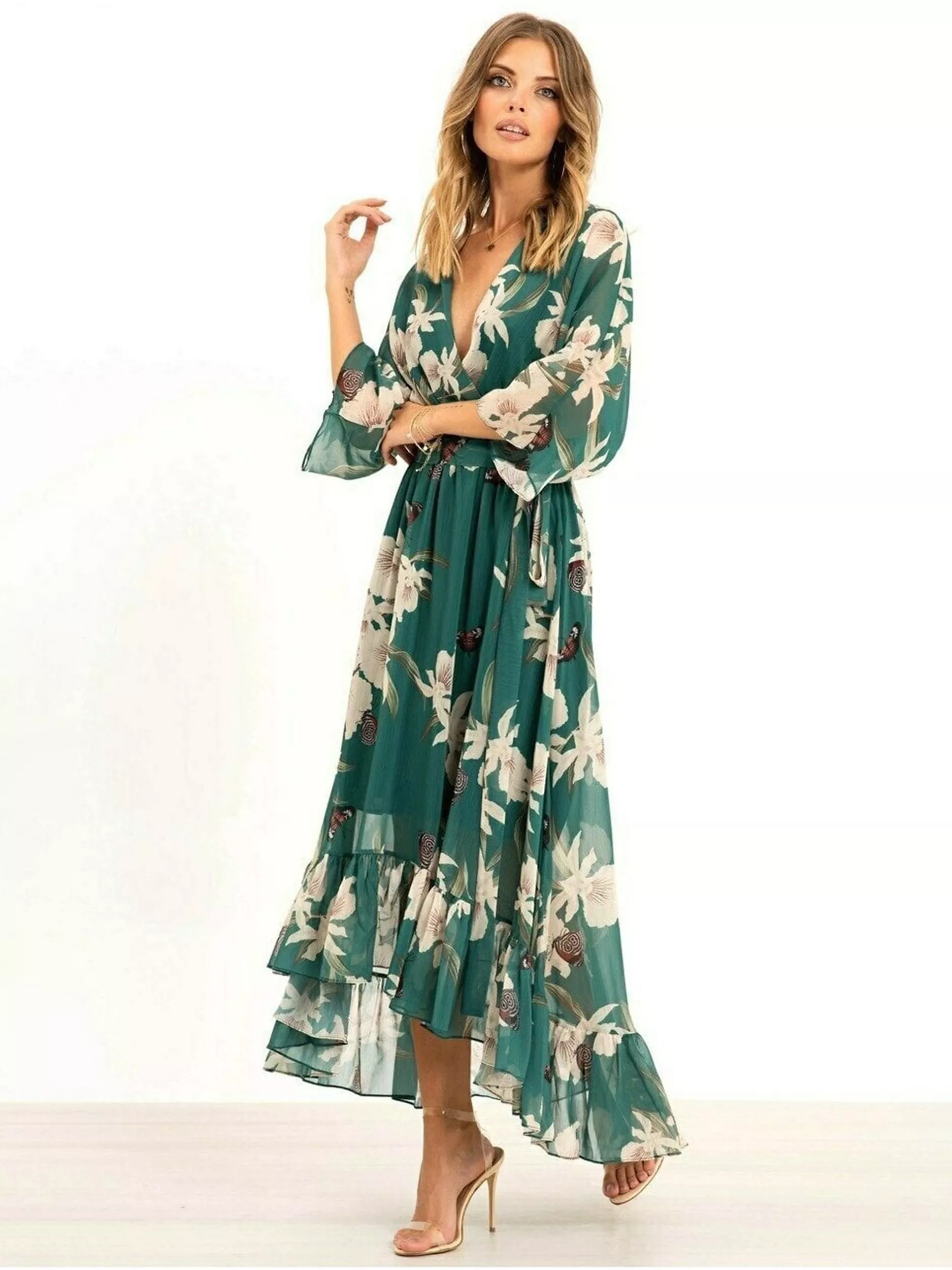 Yumi Floral Kimono Sleeves Dip Hem Wrap Midi Dress Green Multi