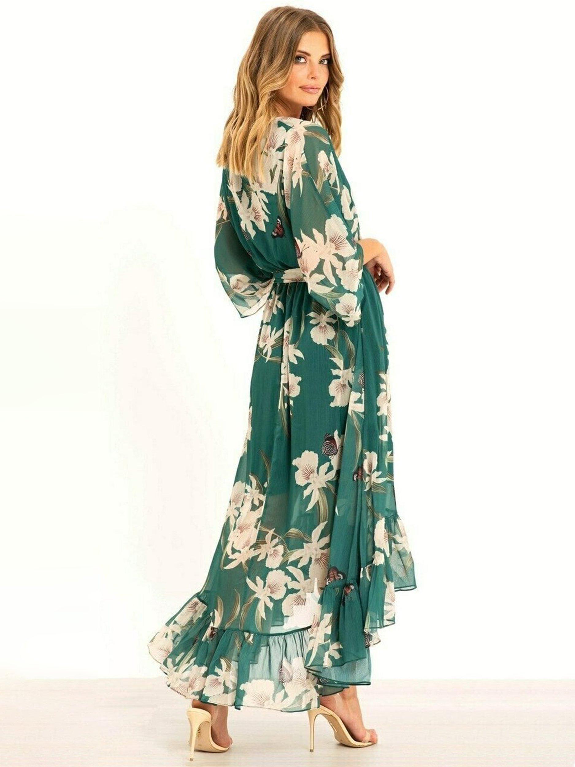 Product image 2 of 4, which shows Yumi Floral Kimono Sleeves Dip Hem Wrap Midi Dress, Green/Multi, 8