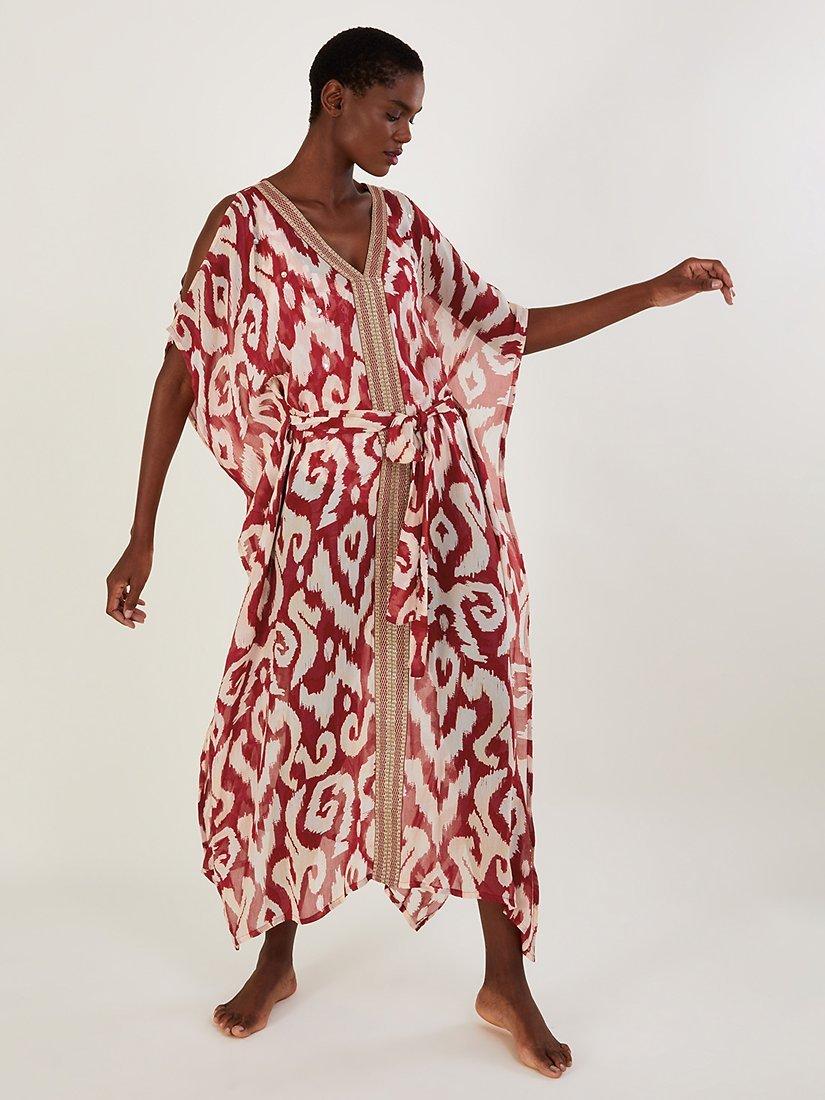 Monsoon Ikat Print Maxi Kaftan, Rouge