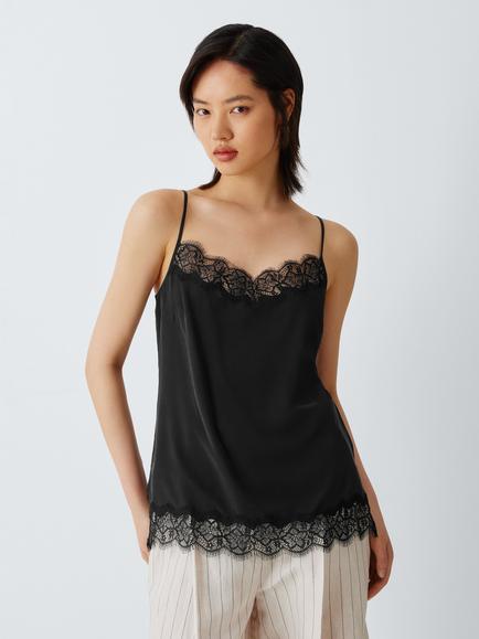 John Lewis Pure Silk Lace Trim Cami Top, Black