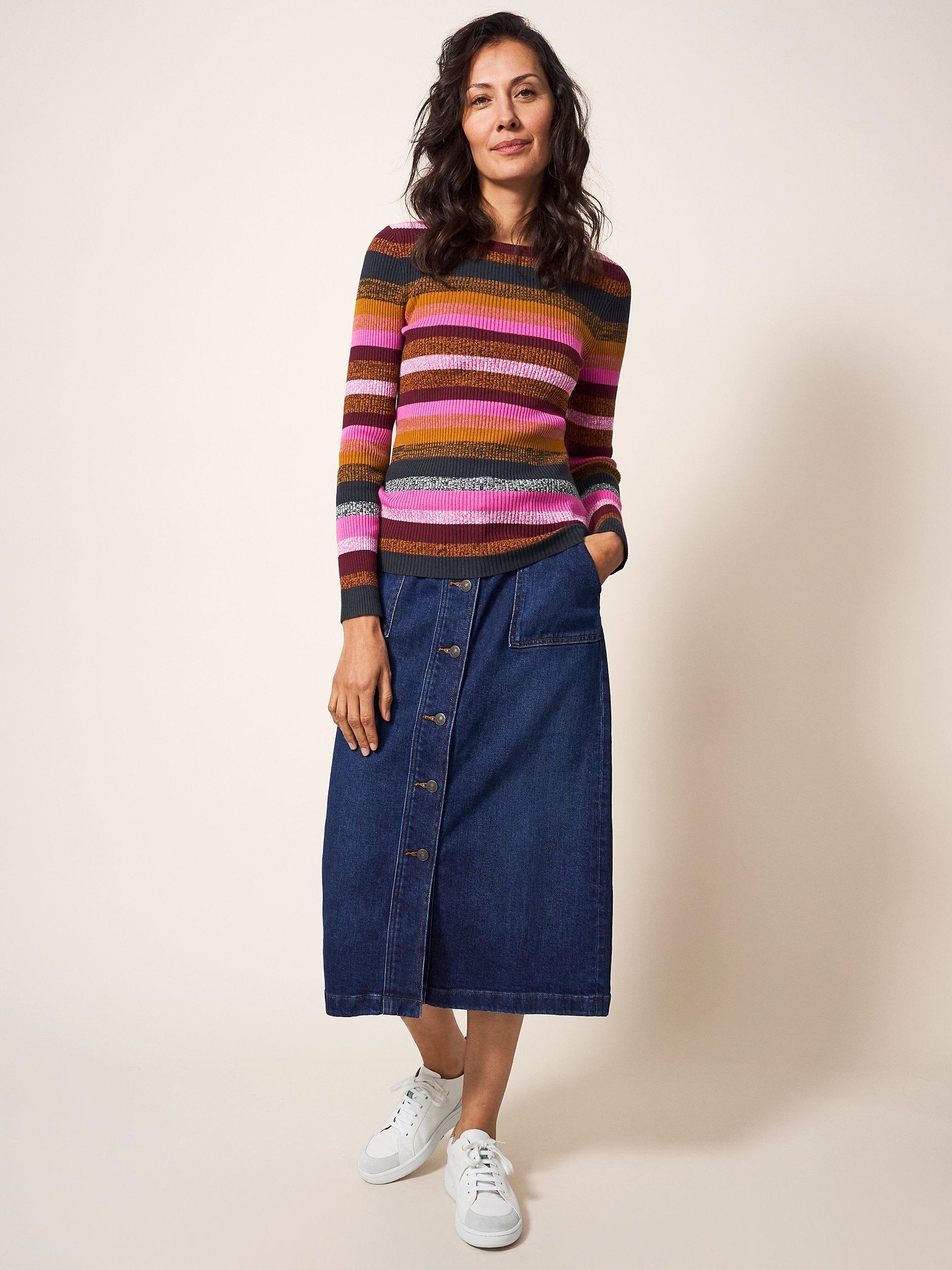 White Stuff Skinny Ribbed Stripe Jumper, Pink/Multi