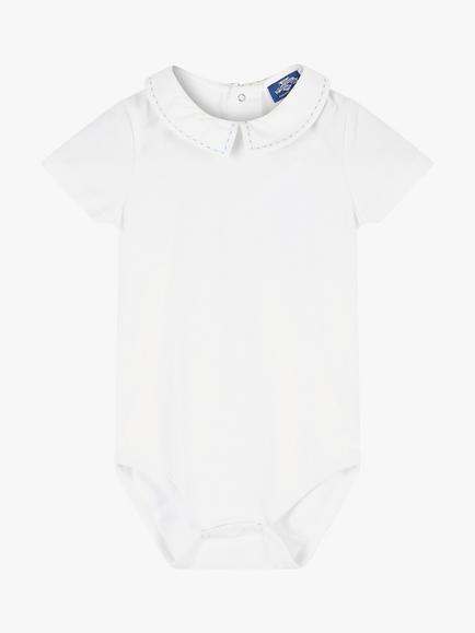Trotters Baby Monty Stitched Eton Collar Jersey Bodysuit, White/Pale Blue