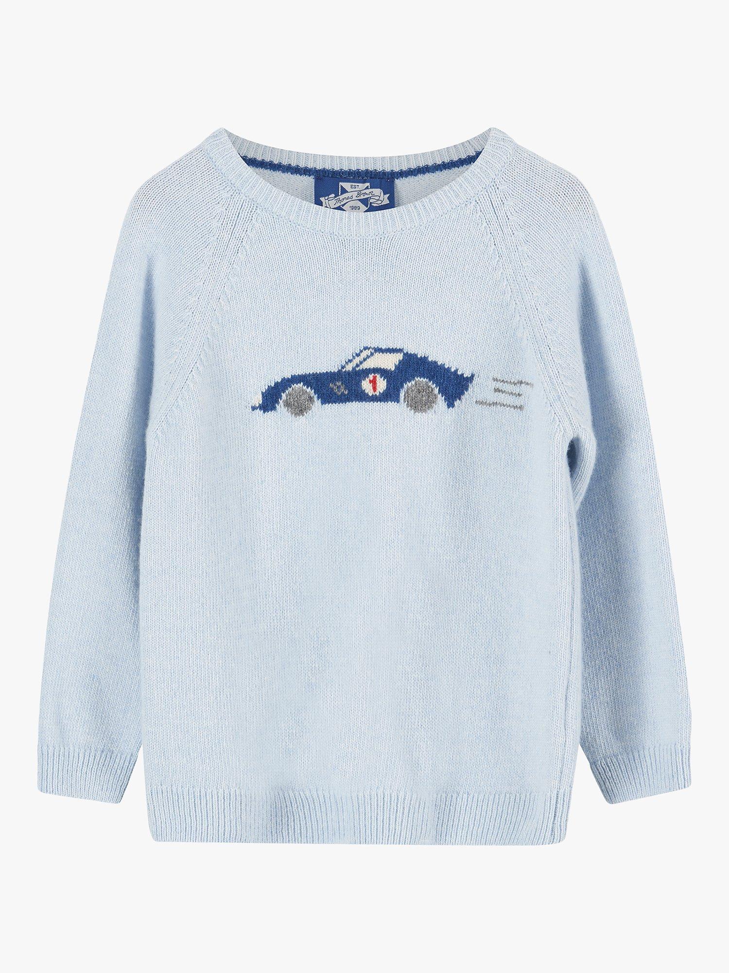 Trotters Kids' Sebastian Wool and Cashmere Blend Car Jumper, Pale Blue