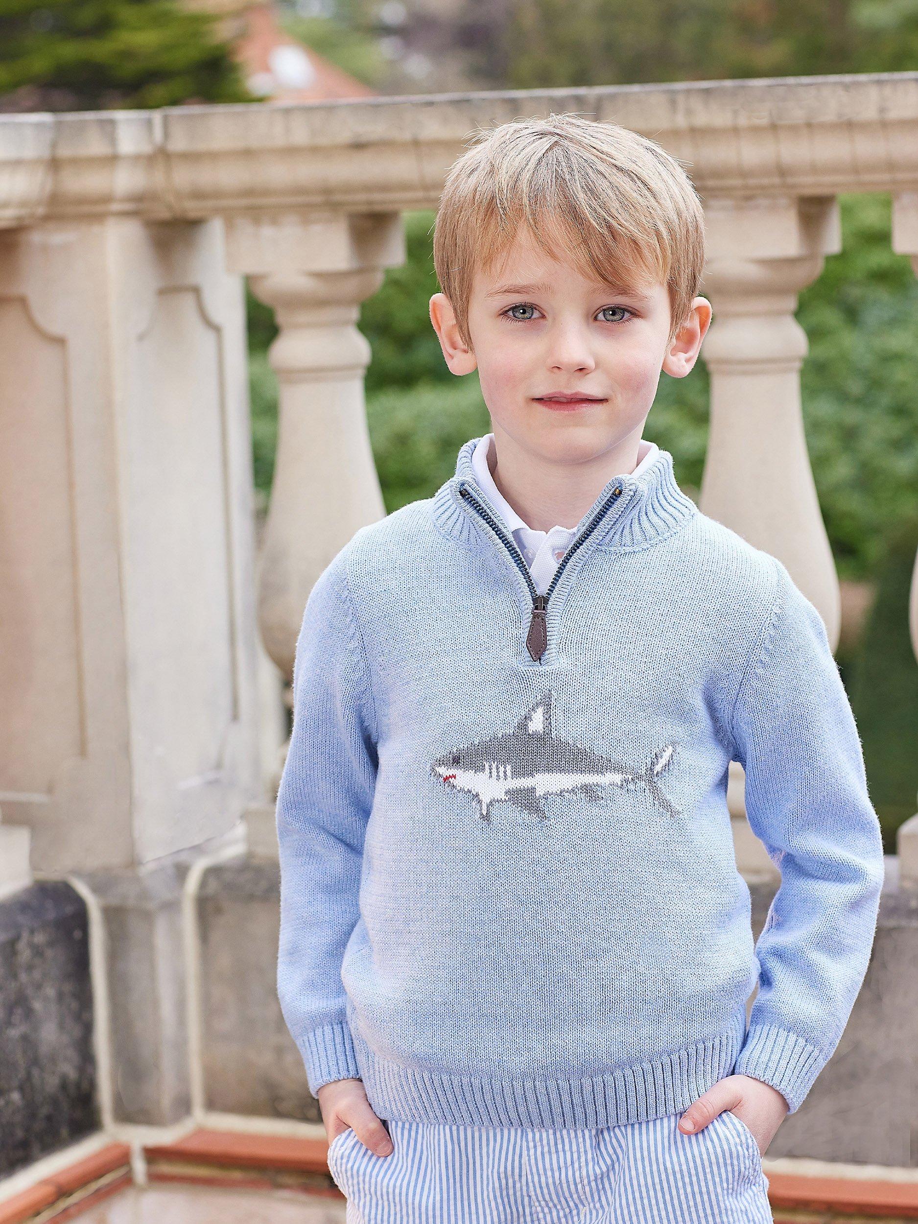 Trotters Kids' Shark Half Zip Jumper, Pale Blue Marl