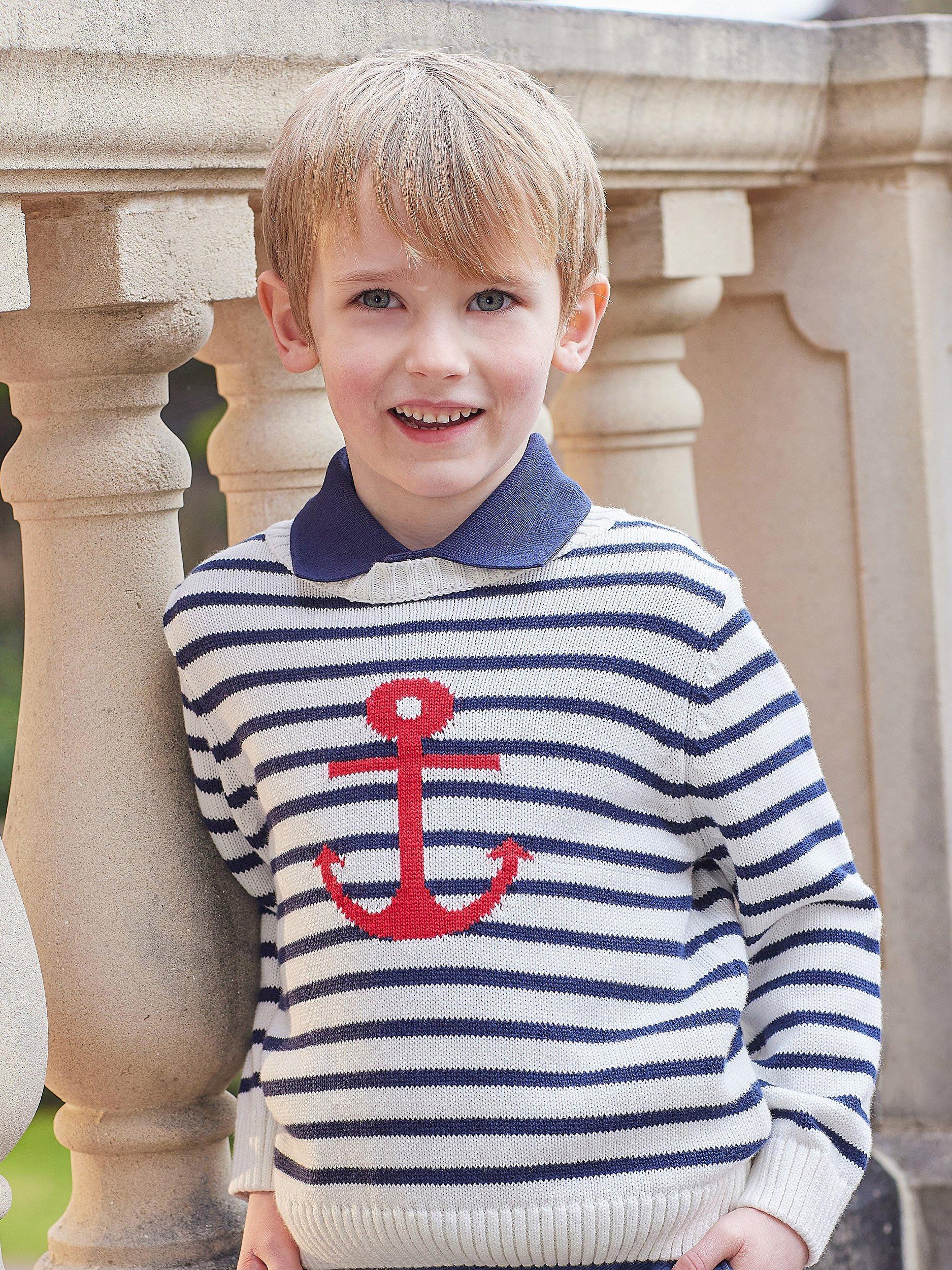 Trotters Kids' Striped Anchor Jumper, Navy/White
