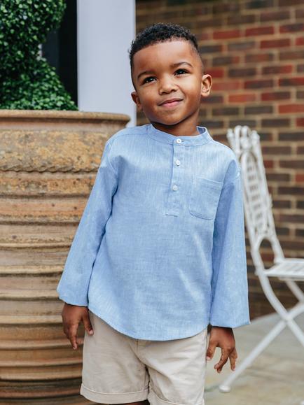 Trotters Kids' Oscar Collarless Shirt, Pale Blue, Pale Blue
