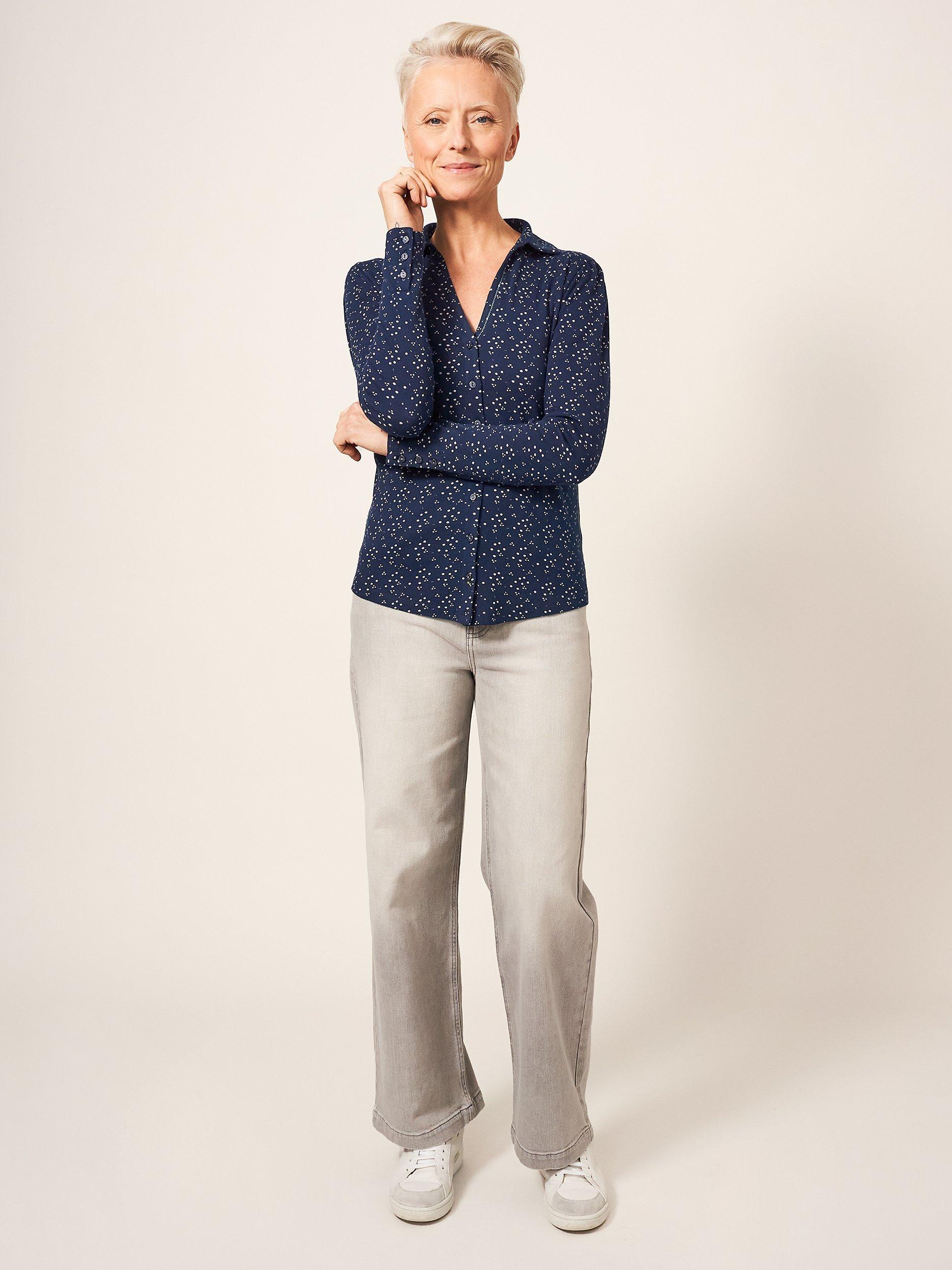 White Stuff Rosie Rib Print Jersey Shirt, Navy