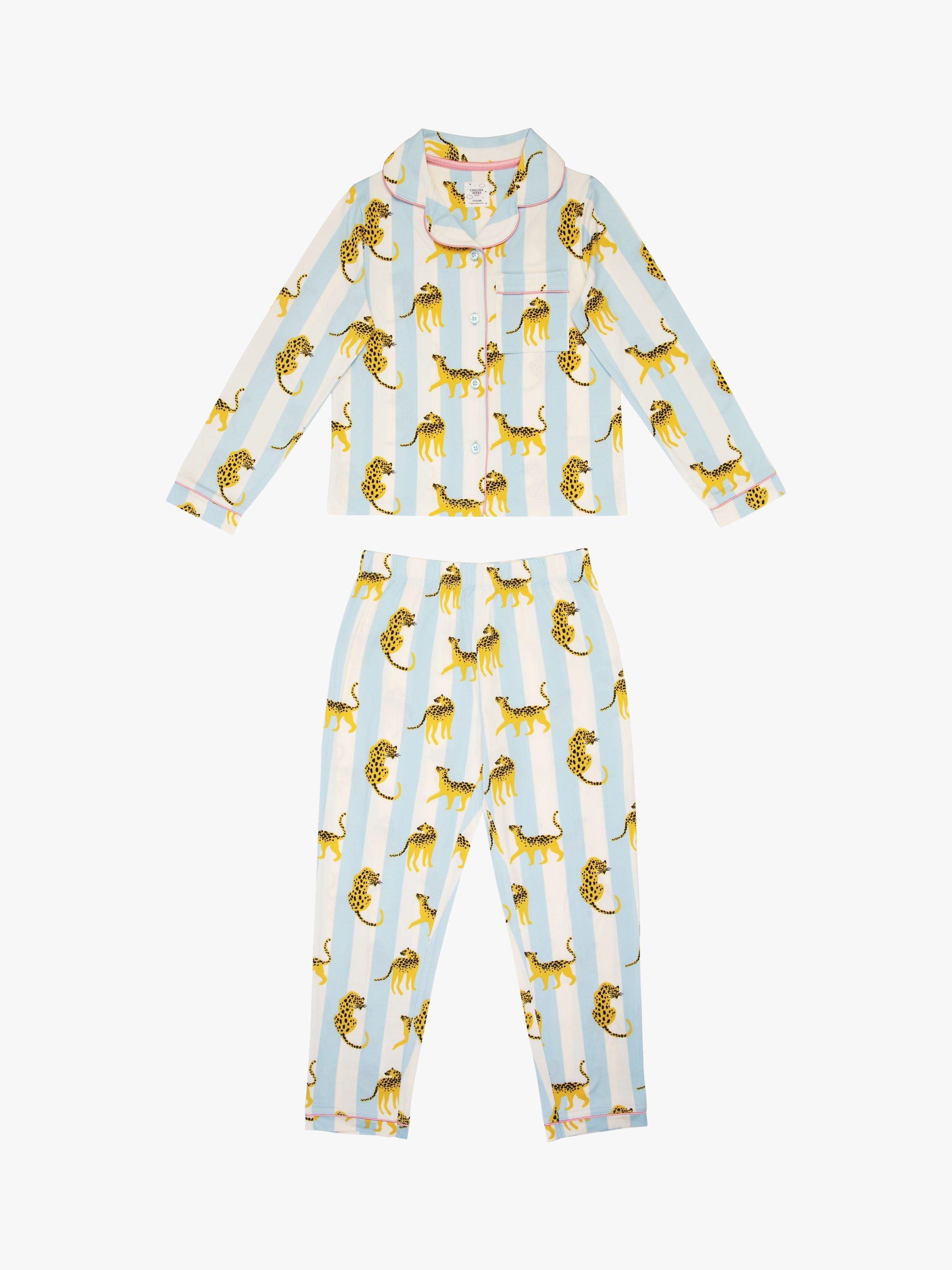 Chelsea Peers Kids' Cheetah & Stripe Print Button Up Pyjama Set, Green/White