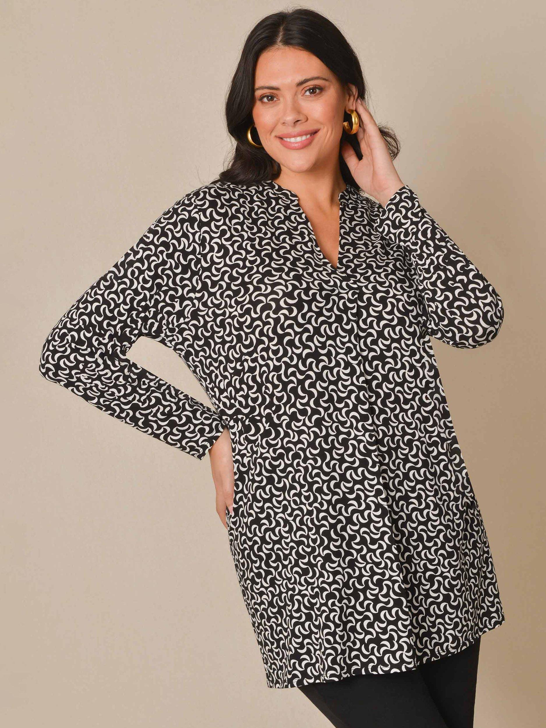 Live Unlimited Curve Pleat Front Printed Jersey Top, Black/White Swirl