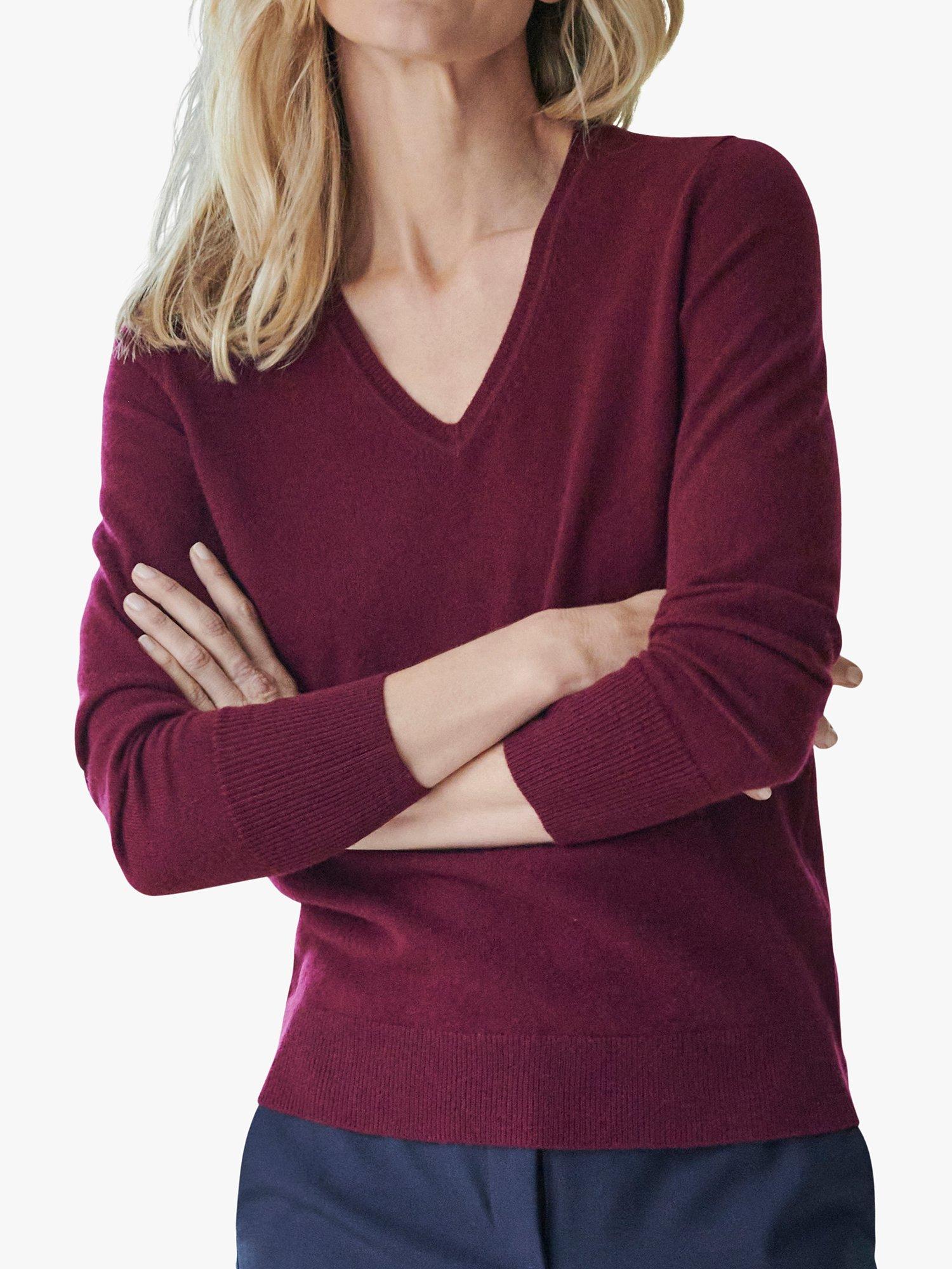 Product image 1 of 2, which shows Pure Collection Cashmere V-Neck Jumper, Merlot, 8