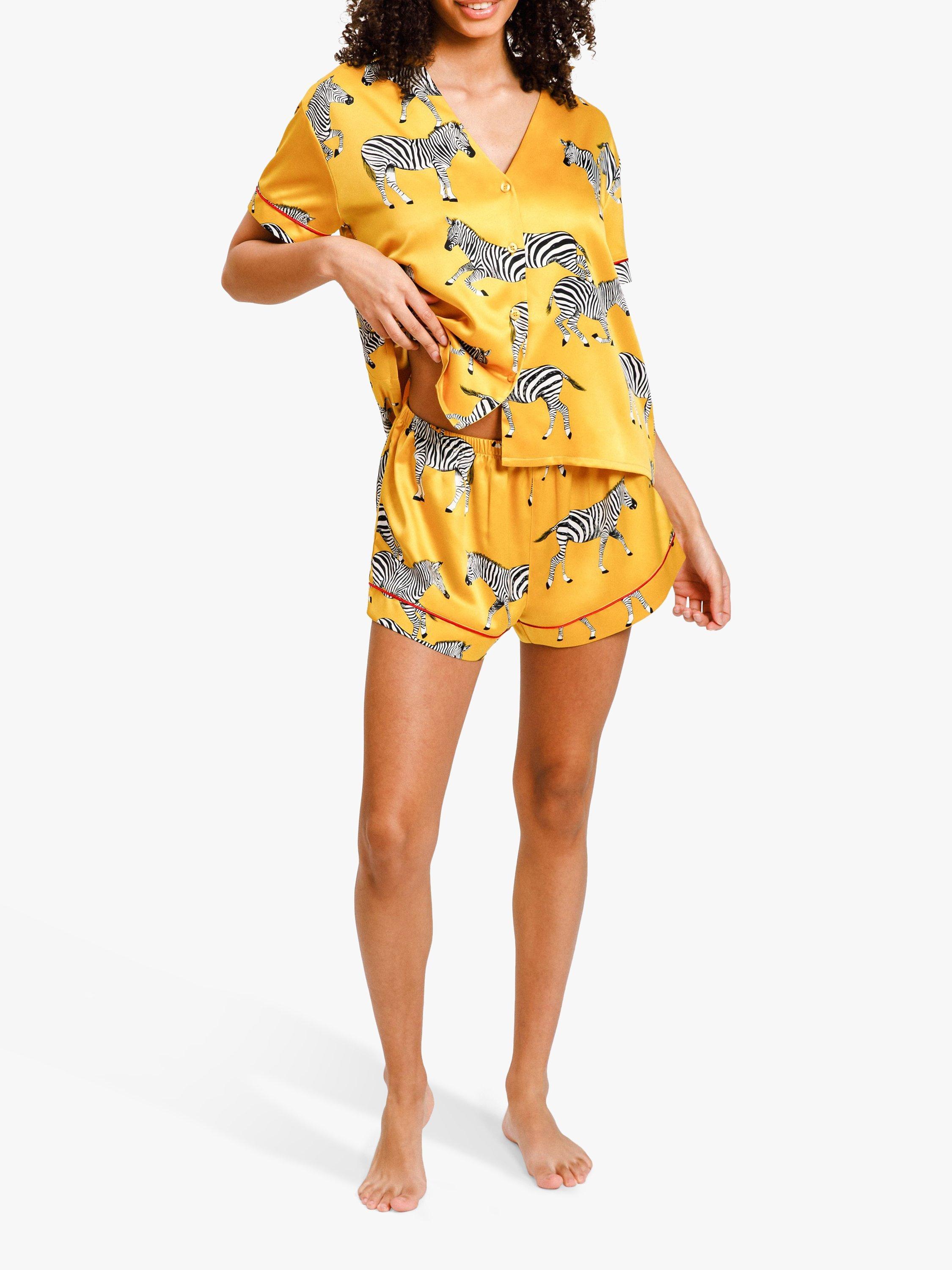 Chelsea Peers Zebra Print Satin Short Pyjama Set, Mustard