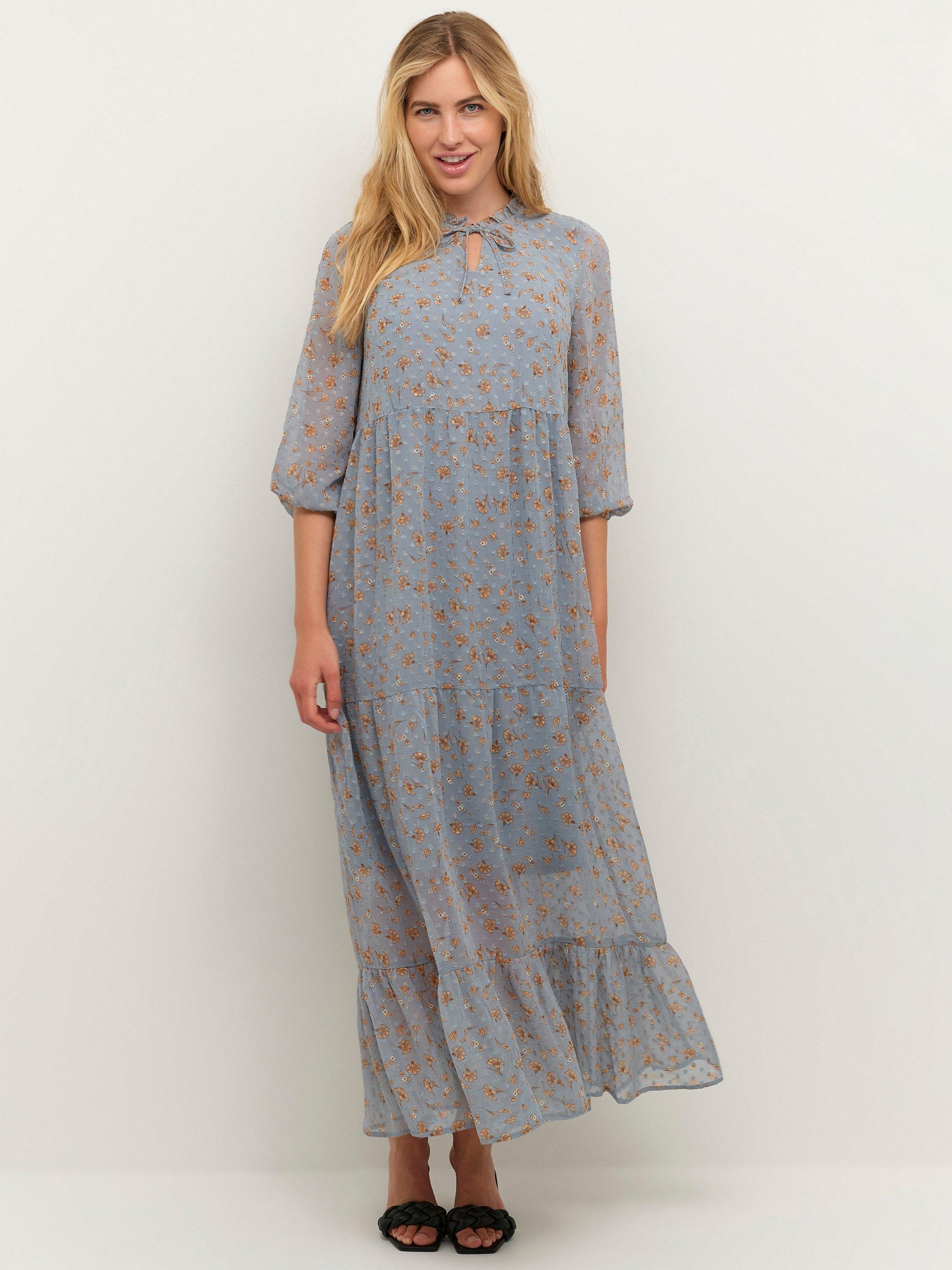 KAFFE Mimi Floral Print Three Quarter Sleeve Maxi Dress, Blue/Gold