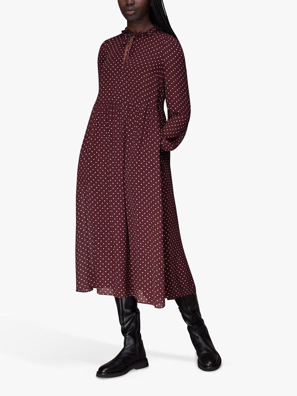 Product image 1 of 7, which shows Whistles Polka Dot Trapeze Midi Dress, Burgundy/Multi, 6