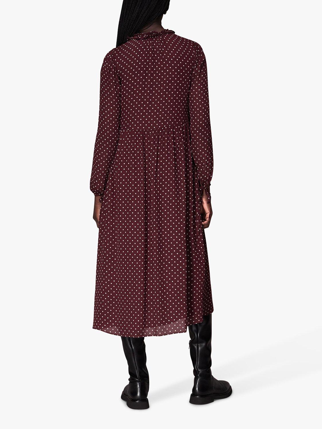 Product image 2 of 7, which shows Whistles Polka Dot Trapeze Midi Dress, Burgundy/Multi, 6
