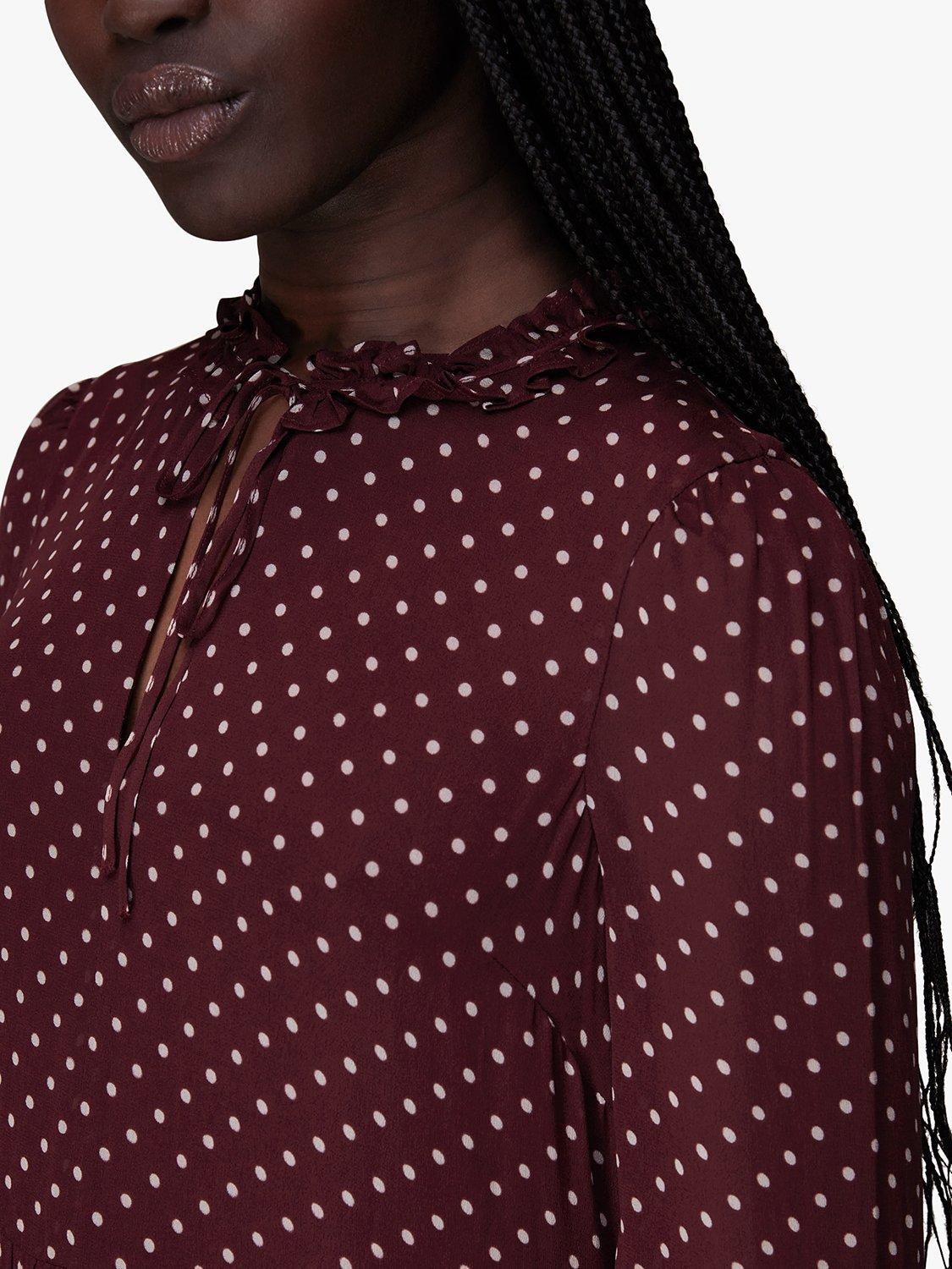 Product image 4 of 7, which shows Whistles Polka Dot Trapeze Midi Dress, Burgundy/Multi, 6