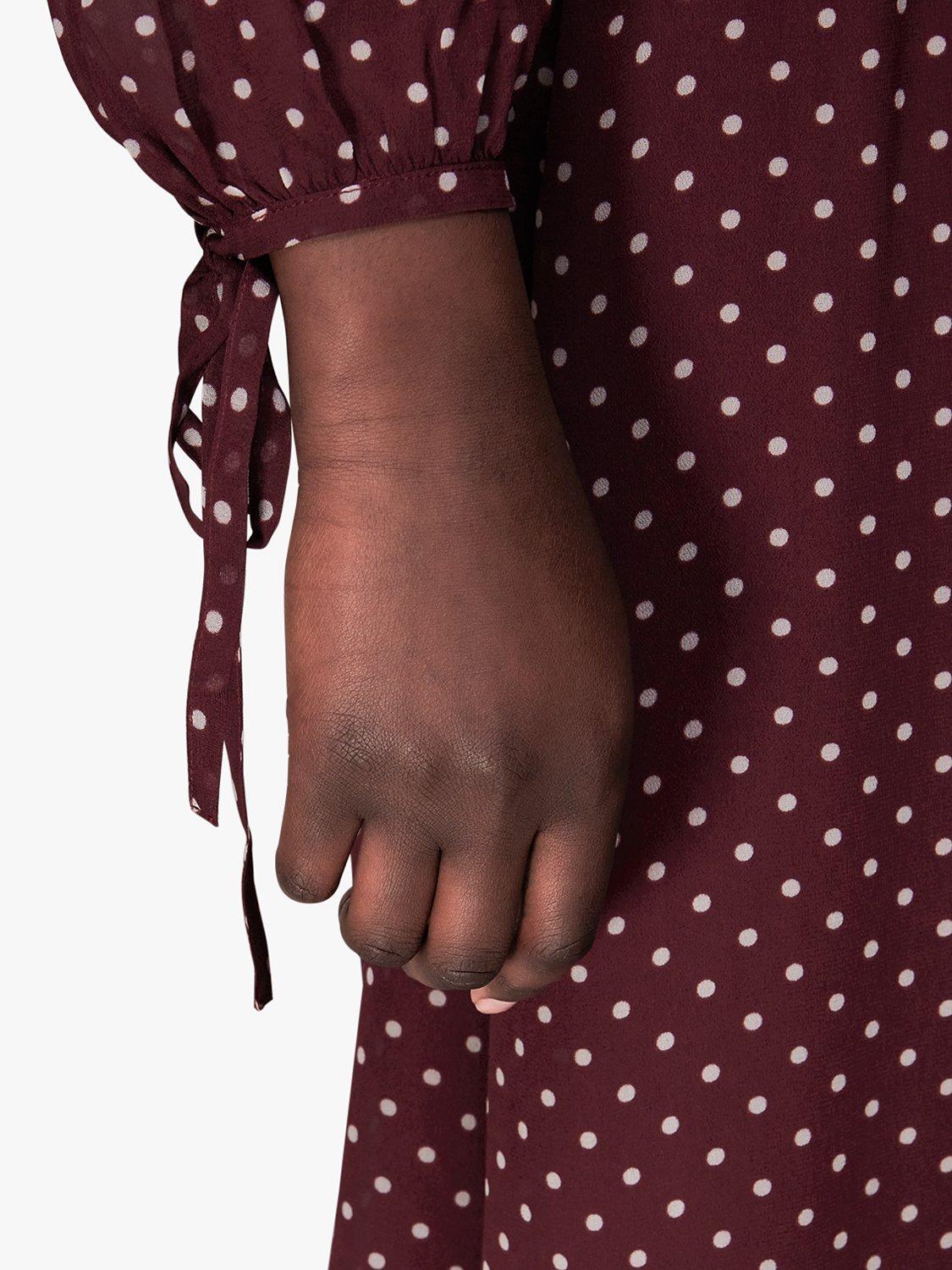 Product image 5 of 7, which shows Whistles Polka Dot Trapeze Midi Dress, Burgundy/Multi, 6