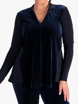 chesca Contrast Sleeves V-Neck Velvet Top, Navy