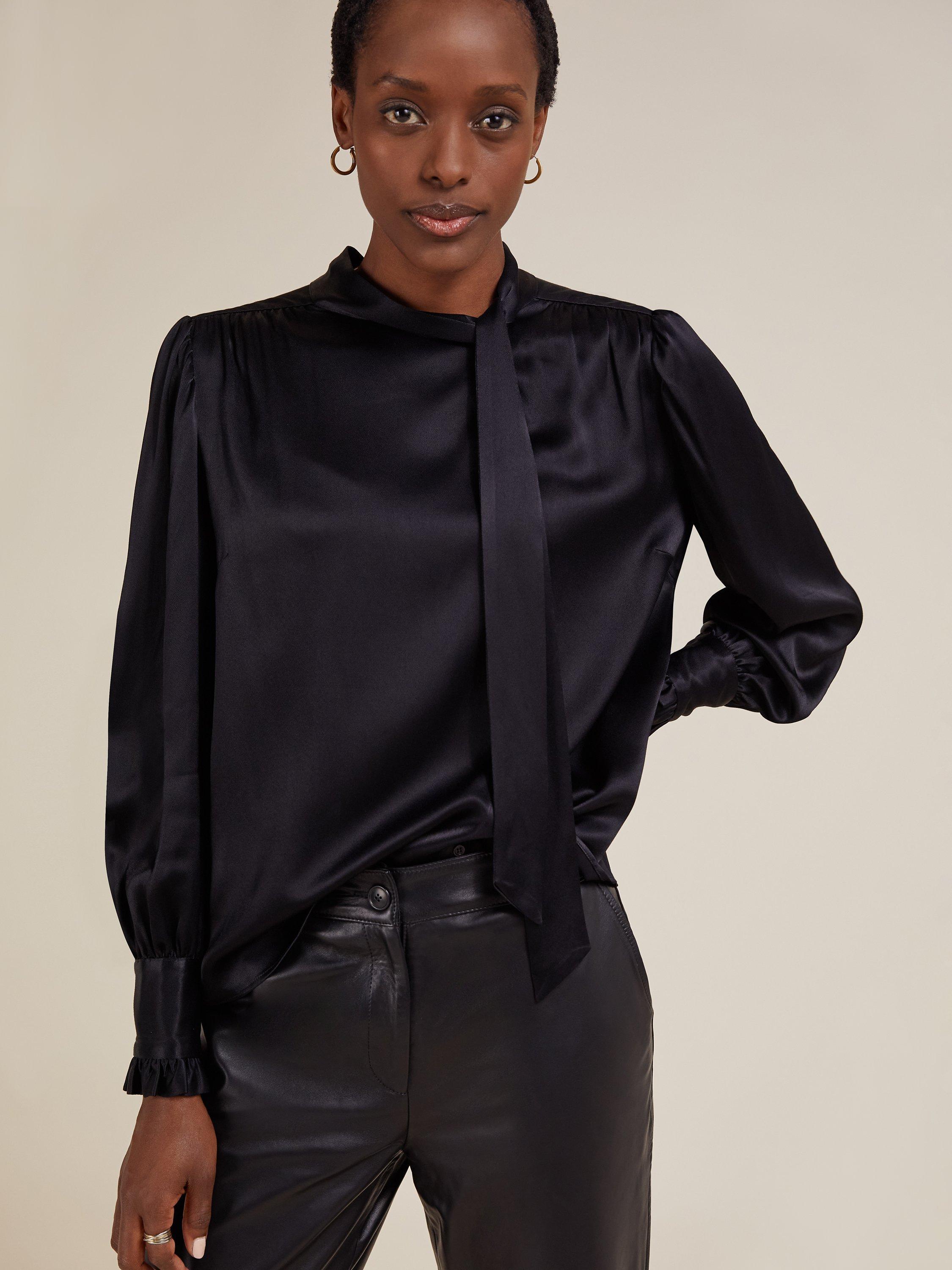 Baukjen Glenda Frill Cuff Neck Tie Top, Caviar Black