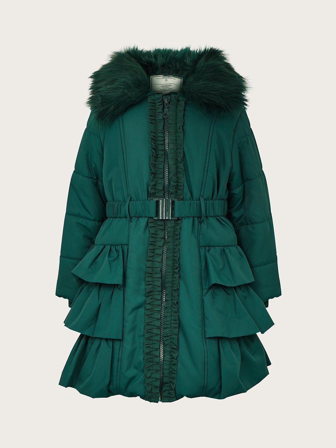 Monsoon Kids' Tiered Belted Padded Coat, Green