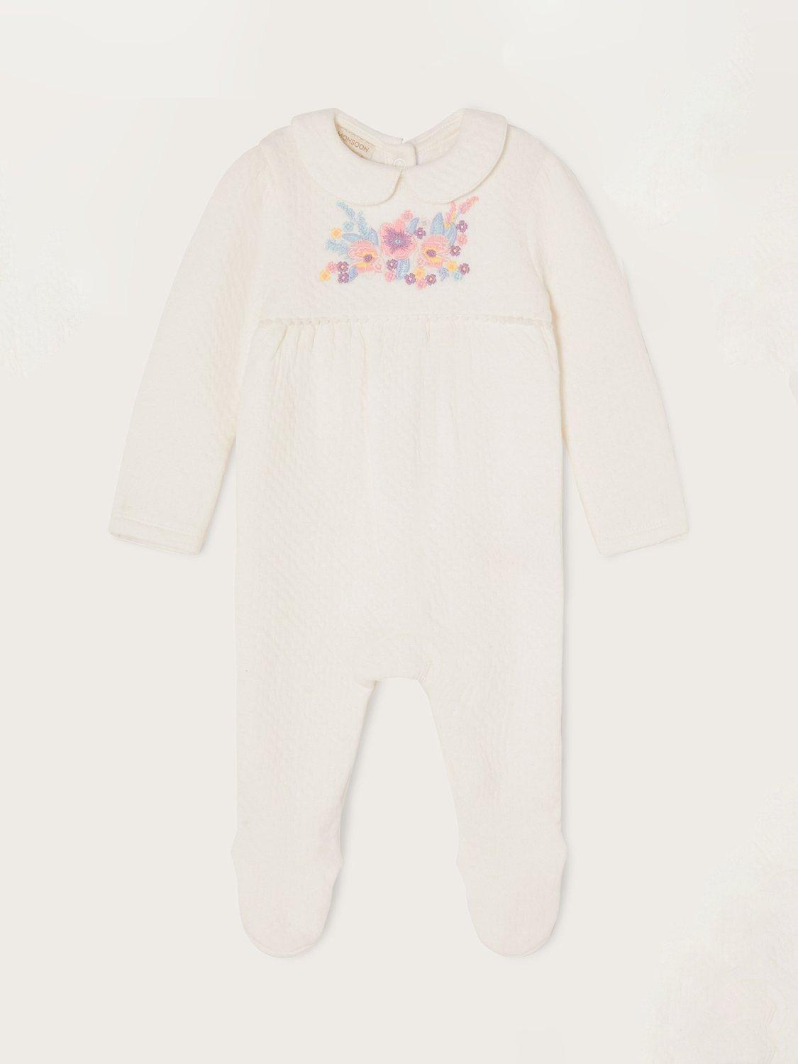 Monsoon Baby Embroidered Quilted Sleepsuit, Ivory