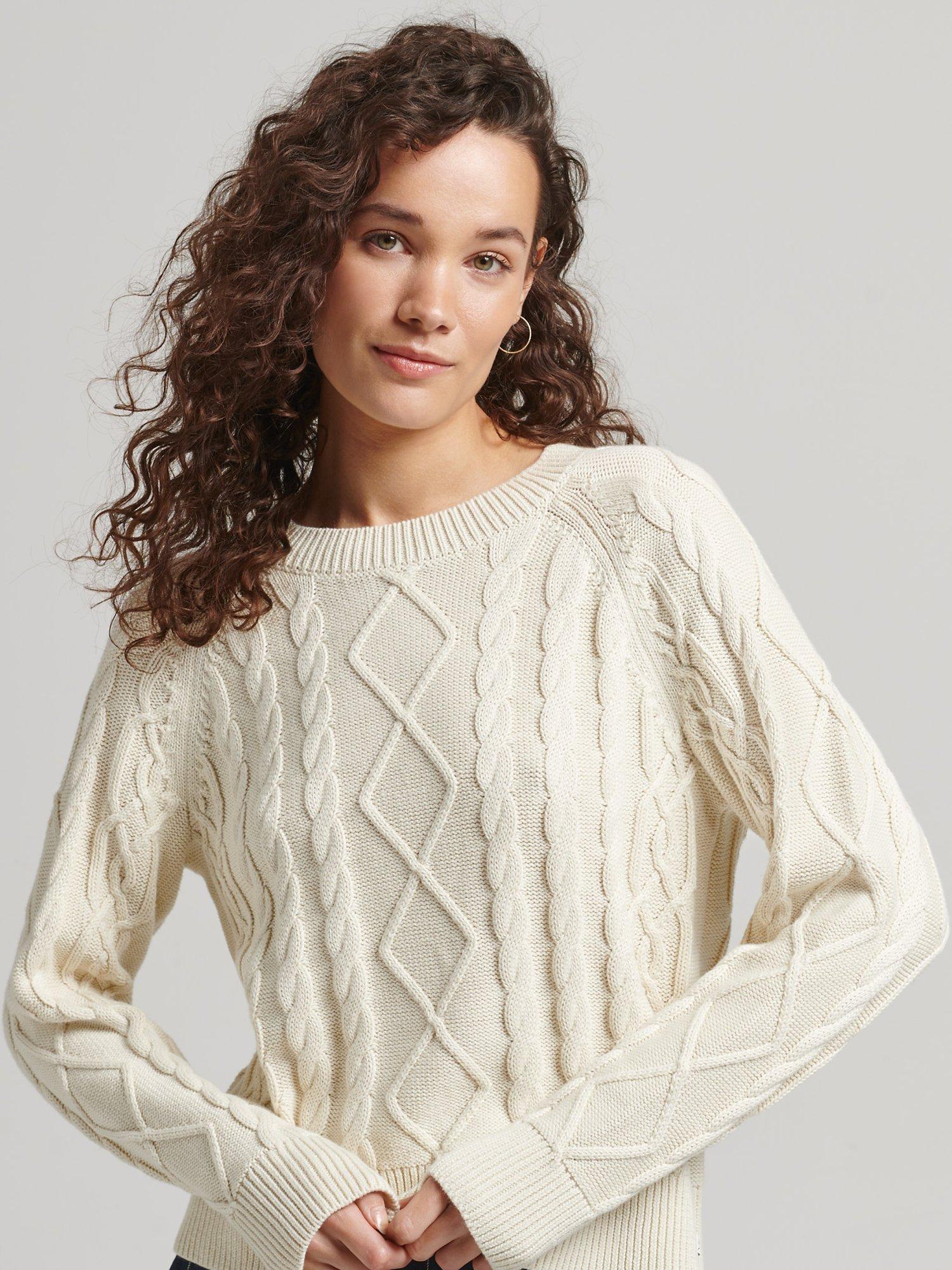 Superdry Cotton Cable Crew Jumper, Ecru