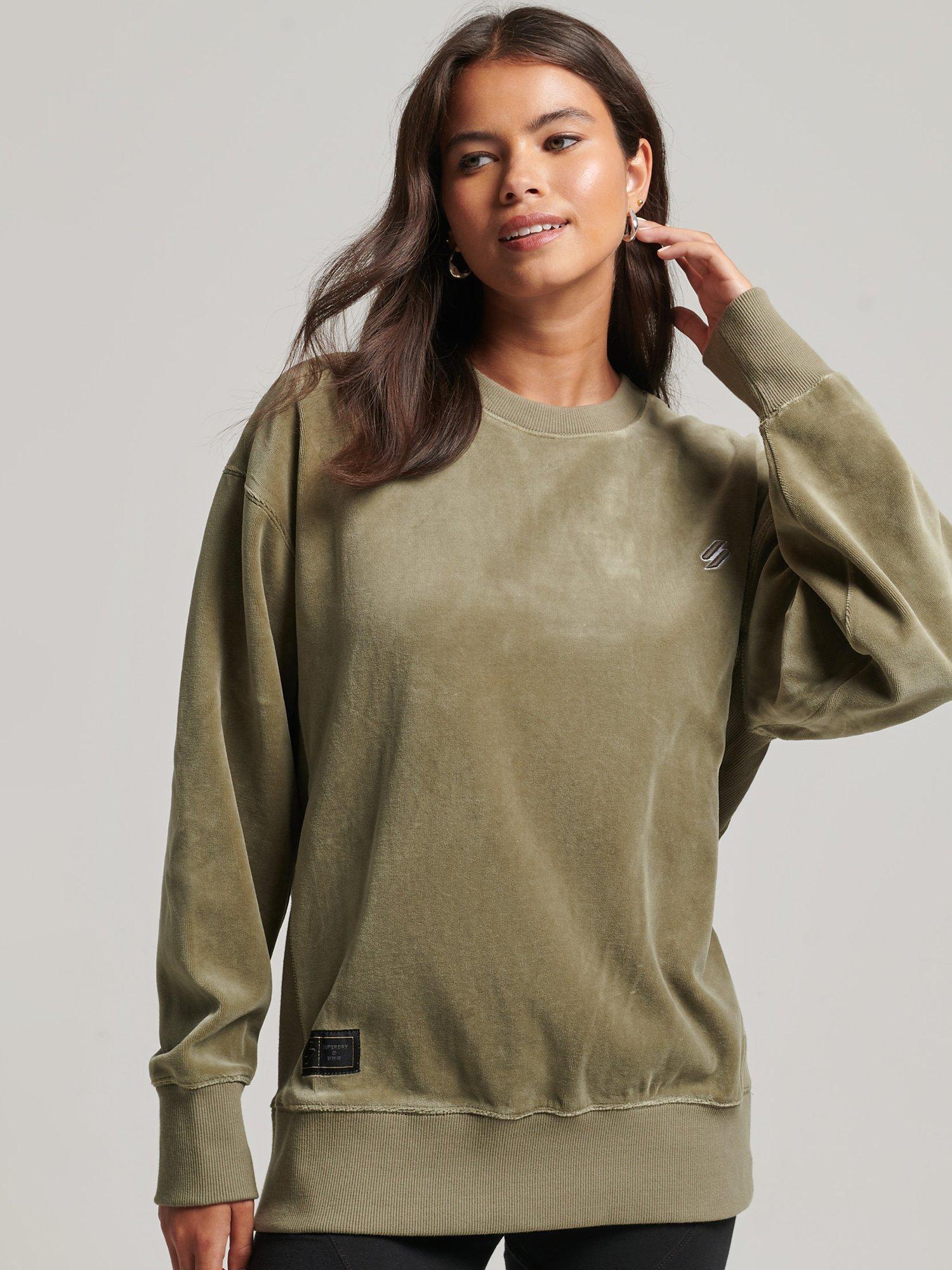 Superdry Code S Logo Velour Oversized Crew Neck Jumper, Light Khaki