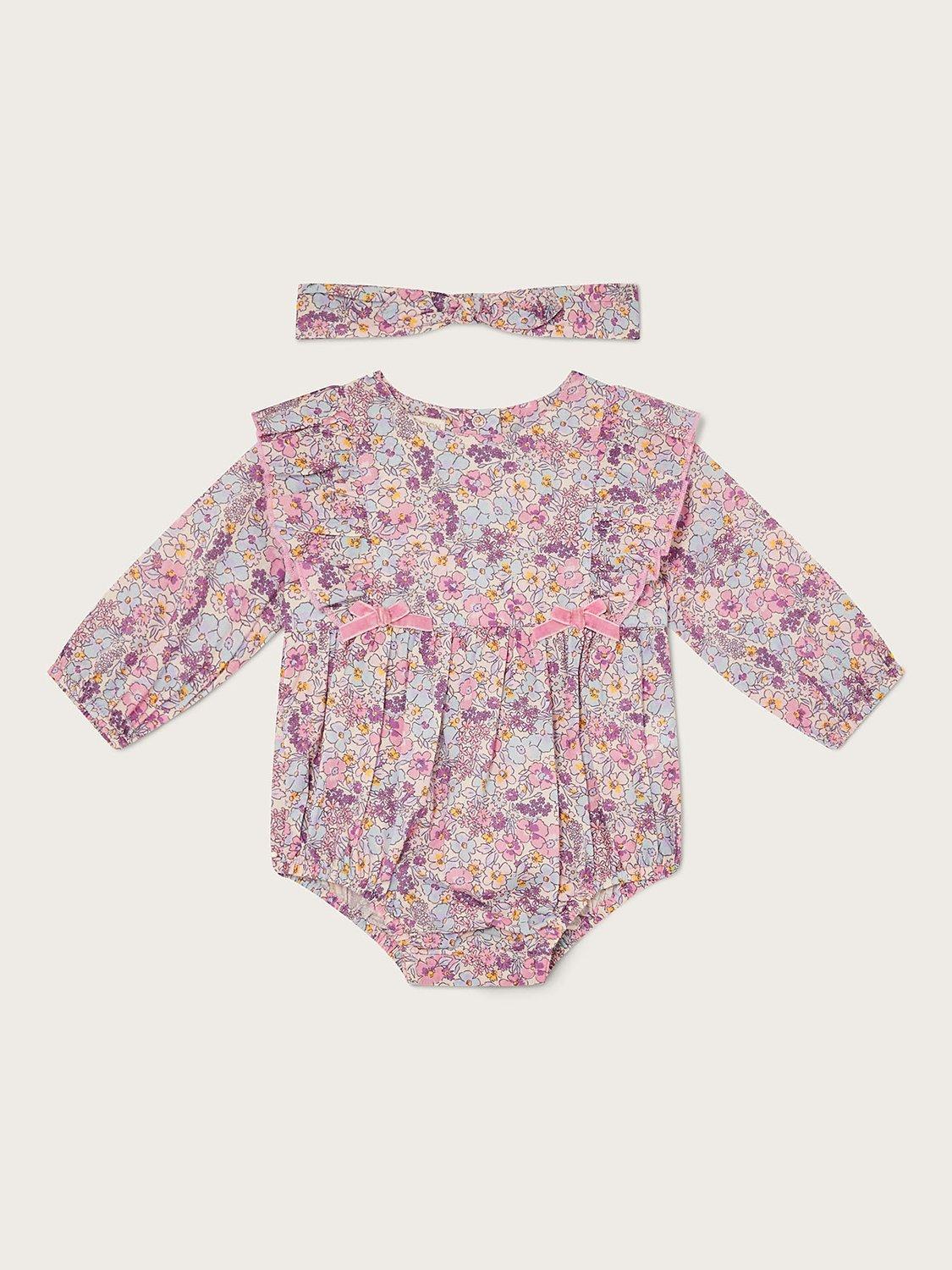 Monsoon Baby Ditsy Floral Cotton Romper & Headband Set, Lilac