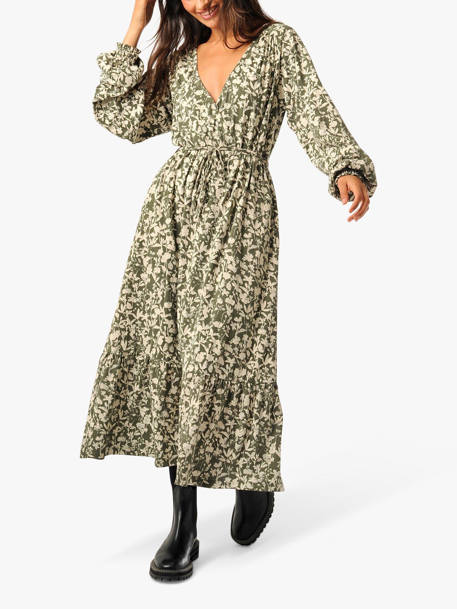 Burgs Endelyn Printed V-Neck Midi Dress, Deep Olive Green