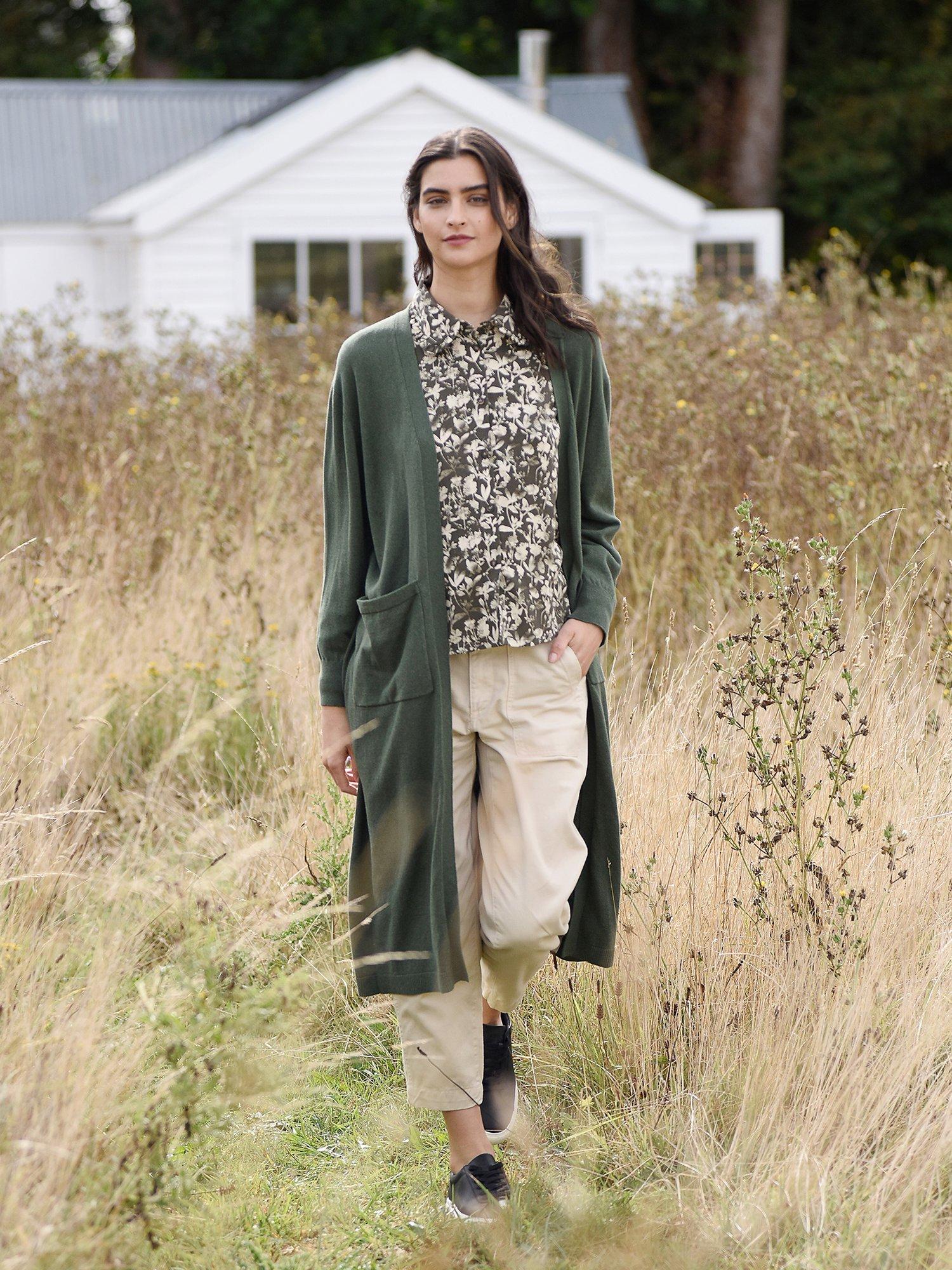 Burgs Beaford Maxi Cotton Wool Blend Cardigan, Deep Olive Green