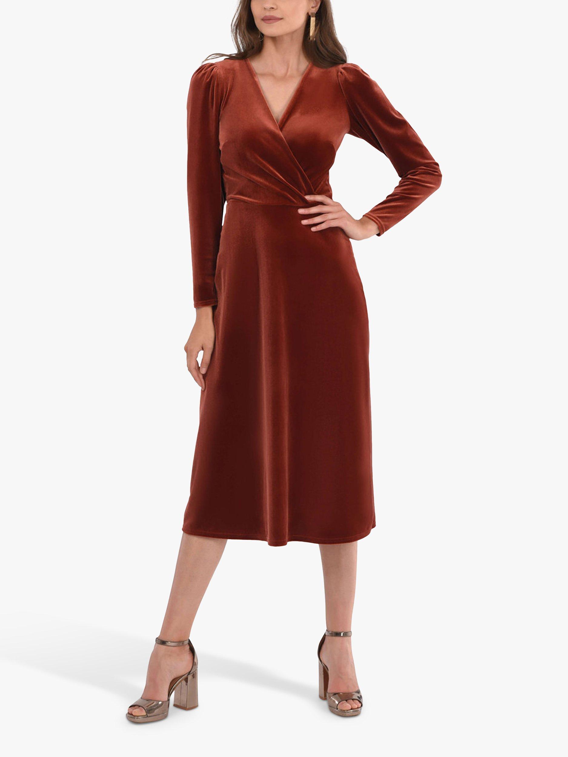 Product image 1 of 4, which shows Closet London Velvet Wrap A-Line Dress, Brown, 10