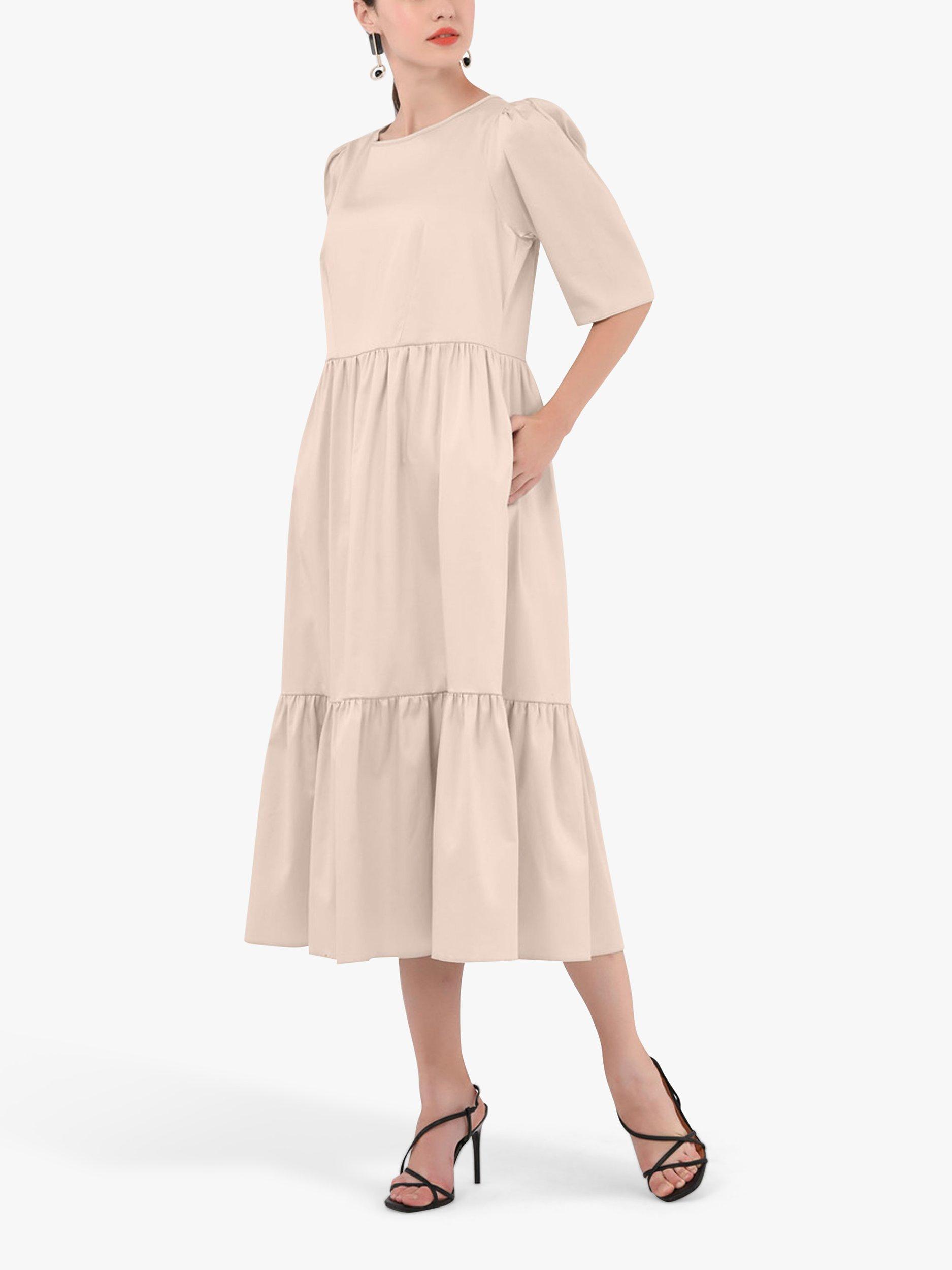 Product image 1 of 4, which shows Closet London Puff Sleeve Tiered Midi Dress, Beige, 10